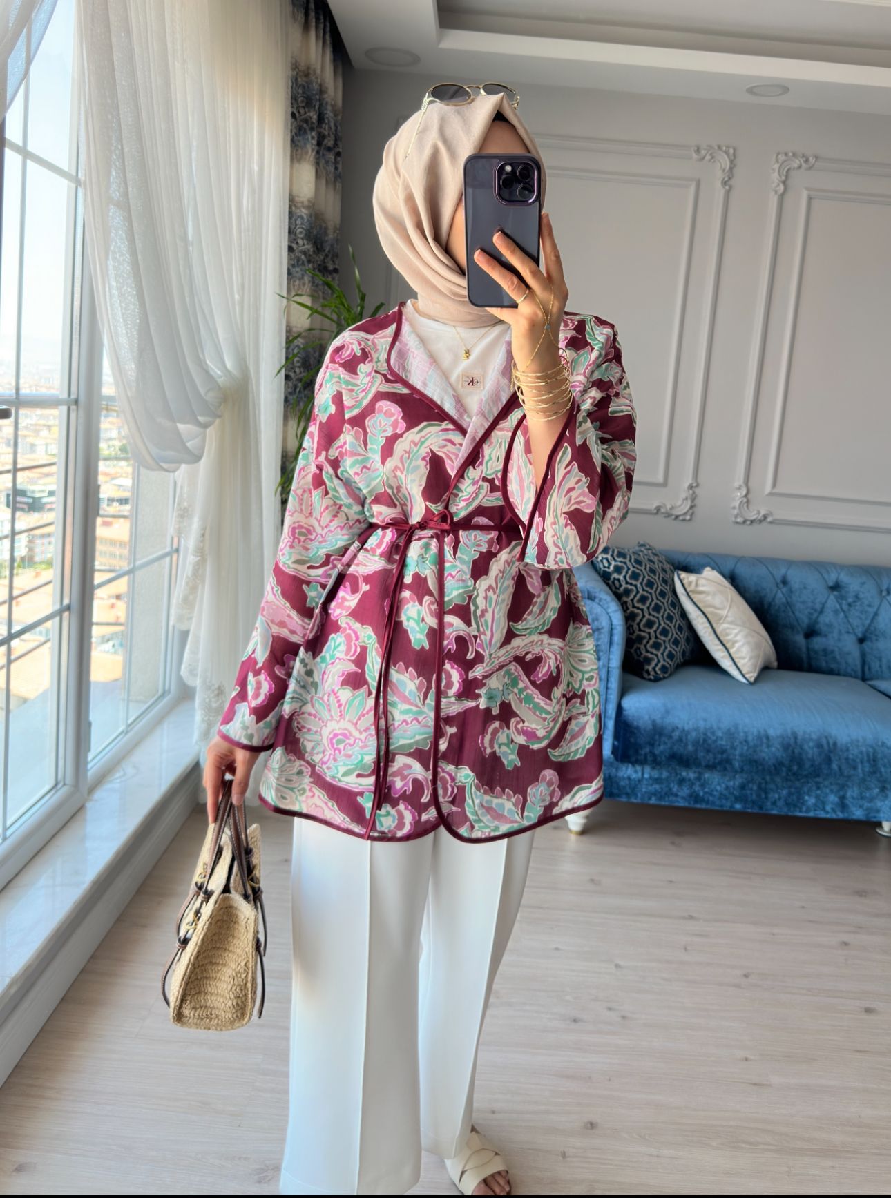 Mihra Desenli Kimono Bordo