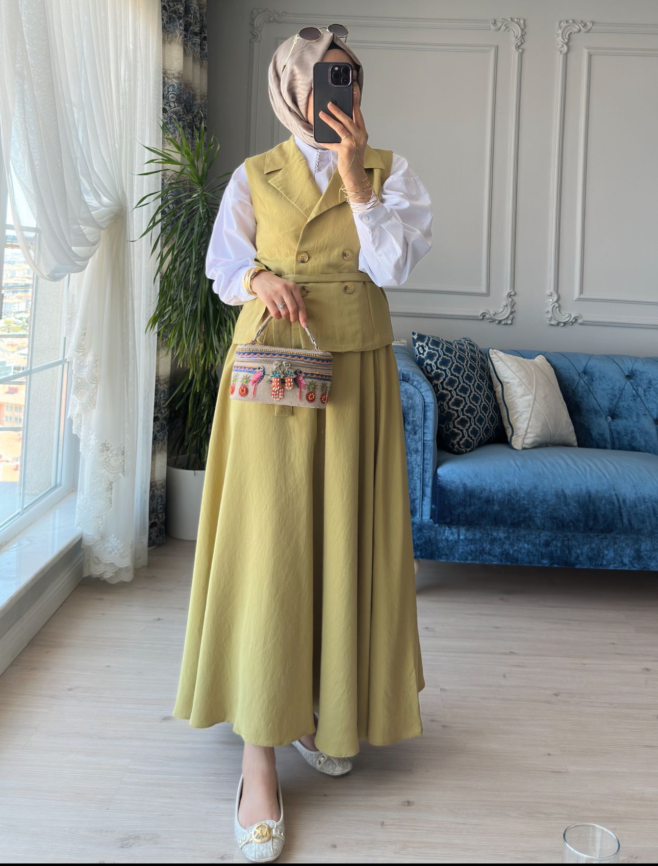 Yelekli Etek Takım Olive