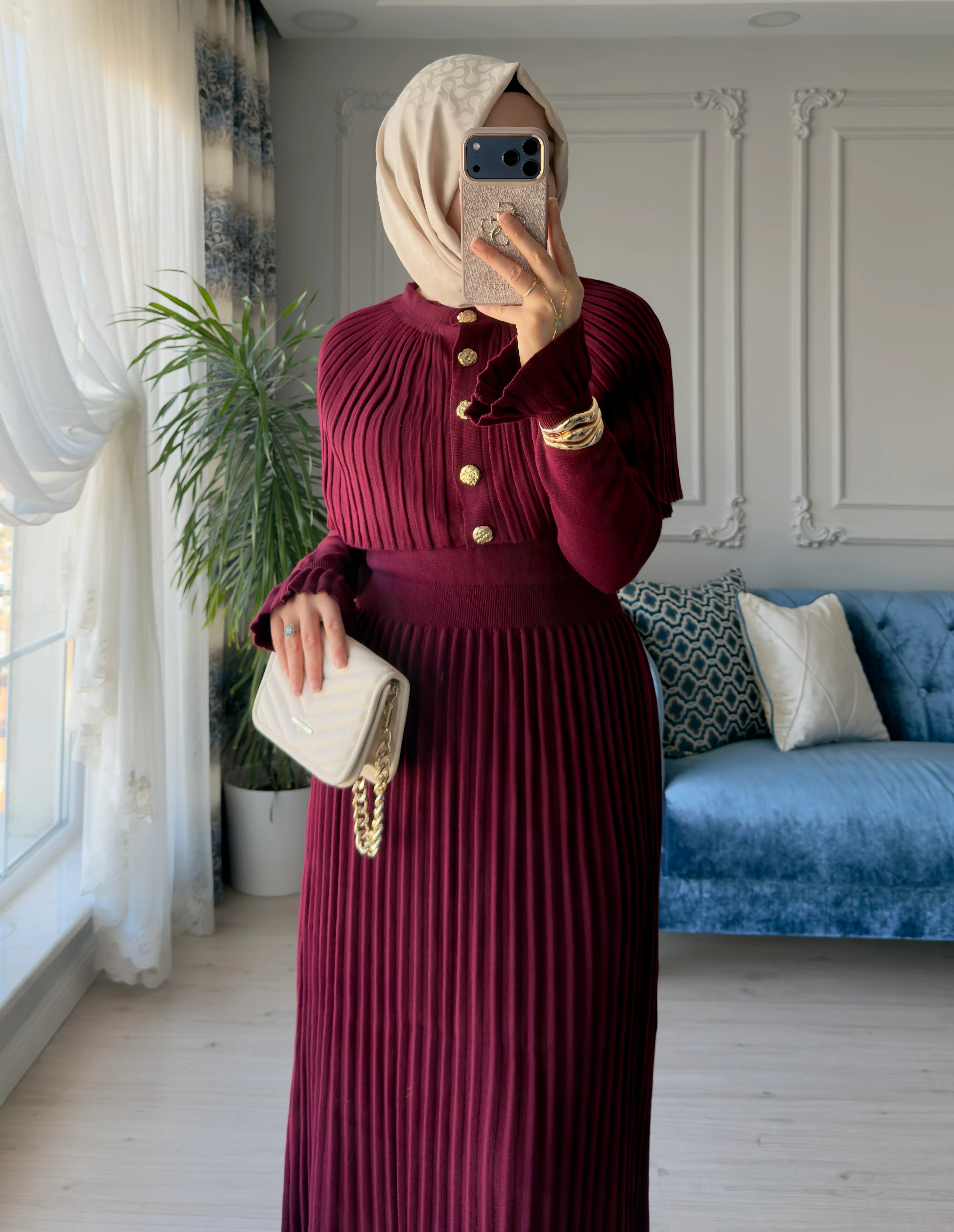 Afra Piliseli Elbise Bordo