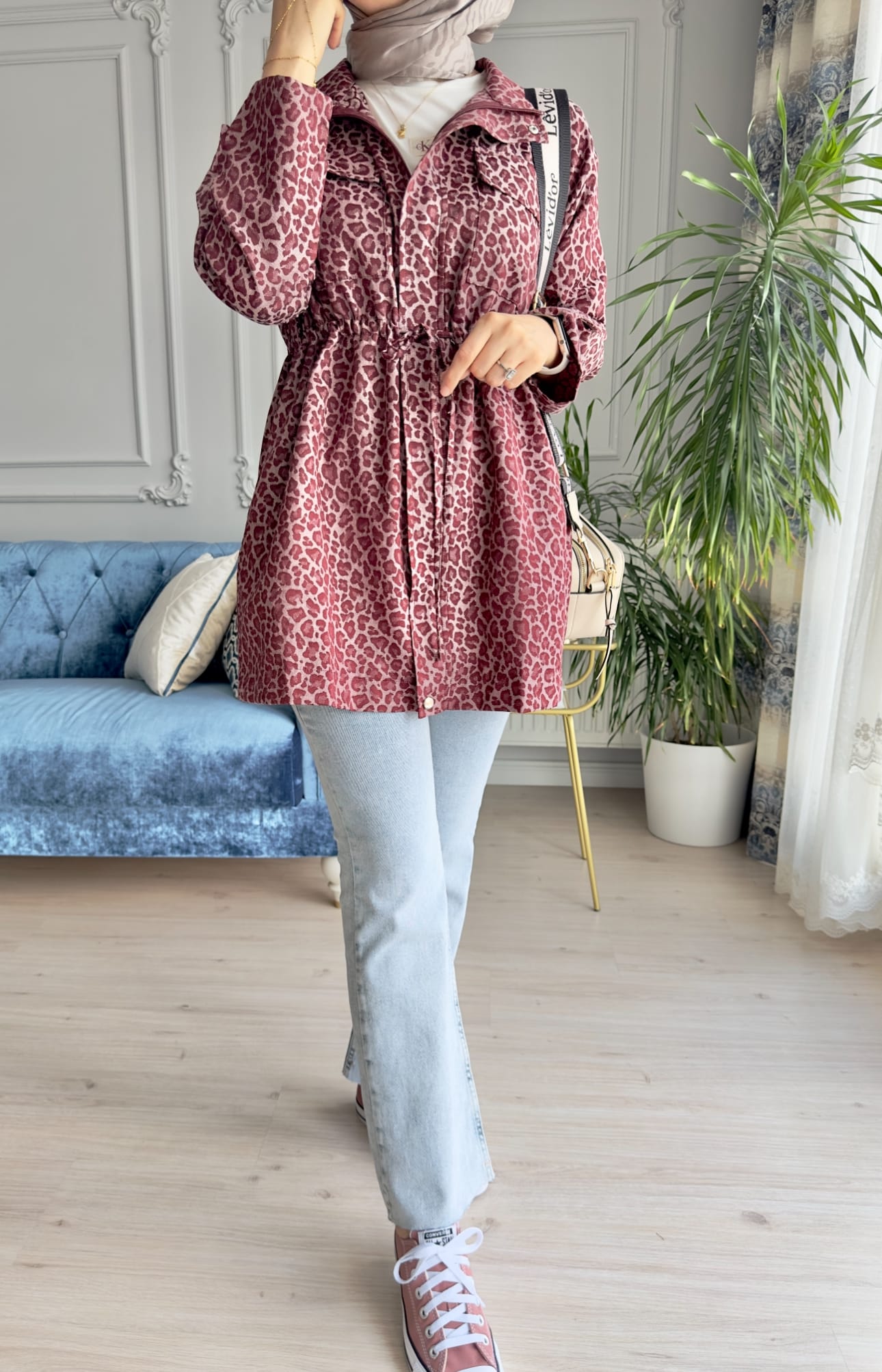 Leopar Desen Ceket Bordo