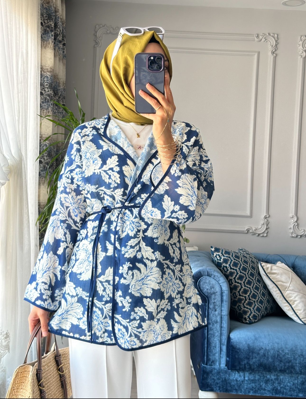 Mihra Desenli Kimono Mavi