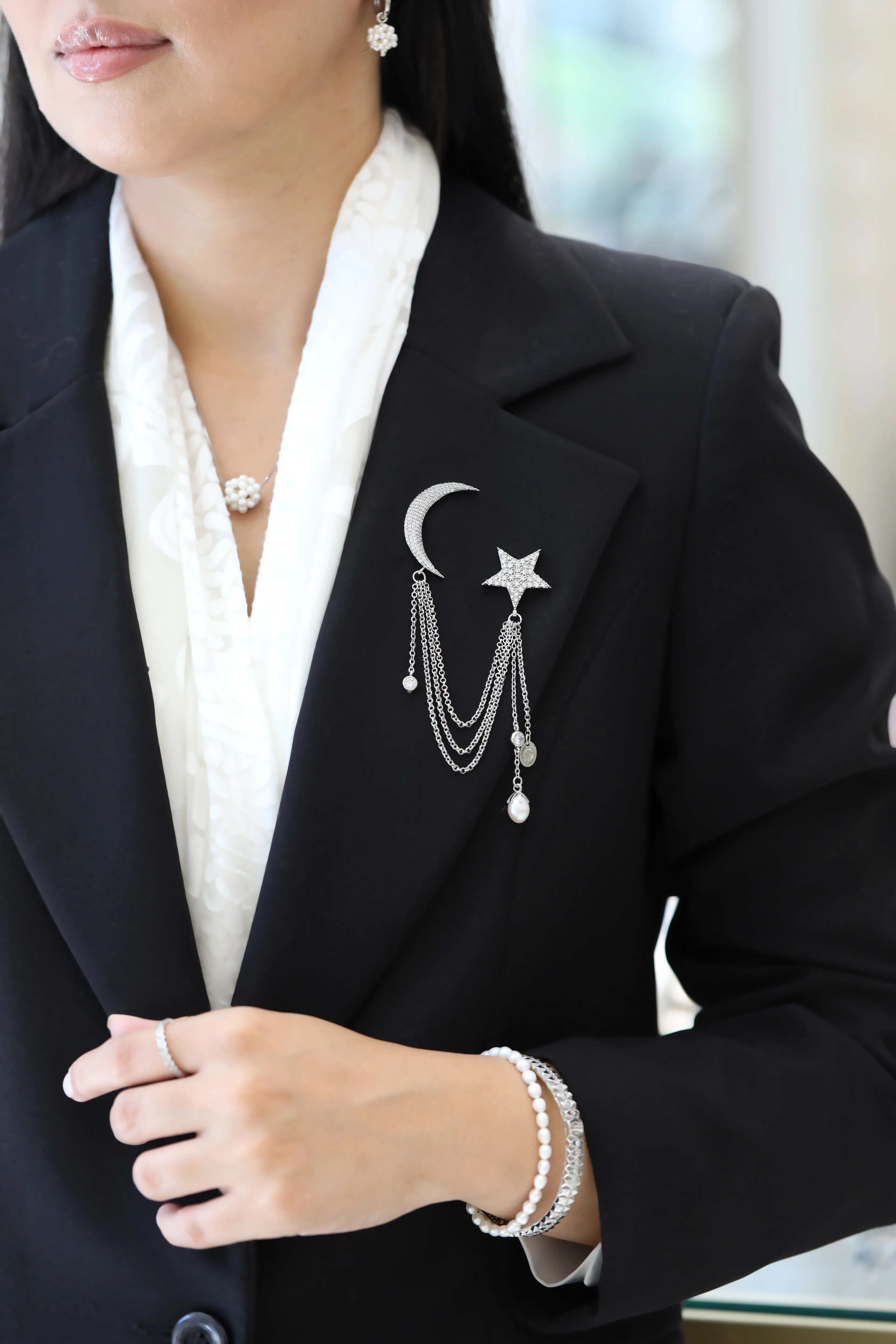 Ay Yıldız İncili Zincir Detaylı Broş