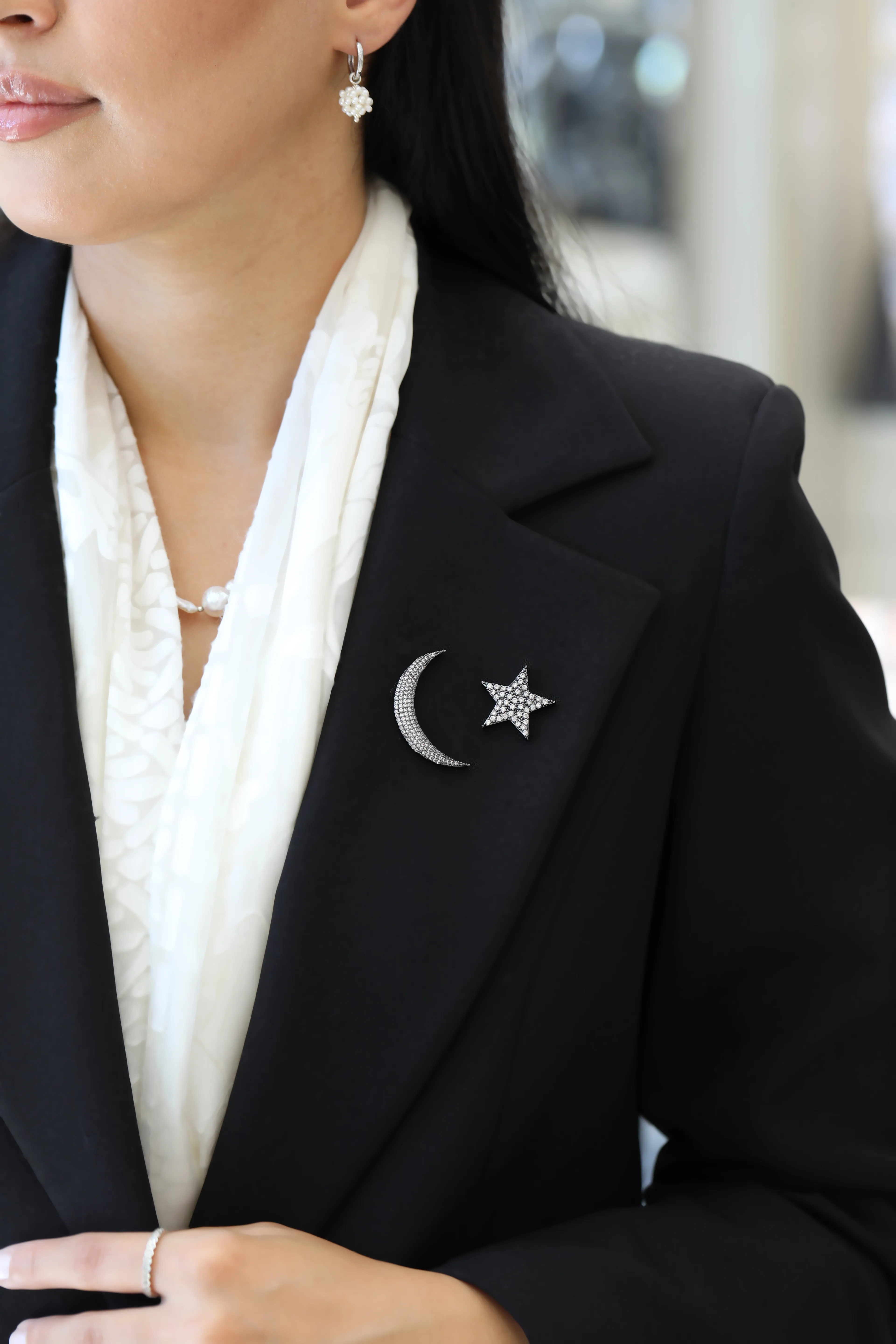 Rodyum Ay Yıldız Broş