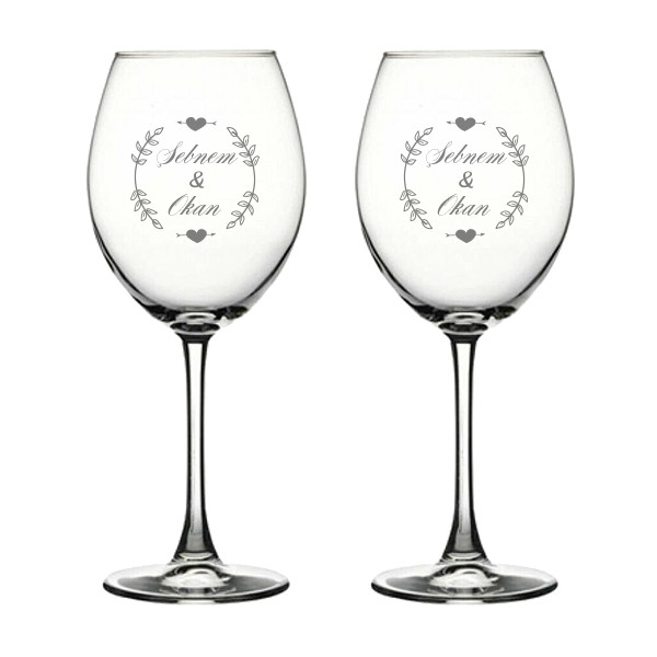 Double Wine Glass - Love Themed - Personalized and Heart Designed - Gift