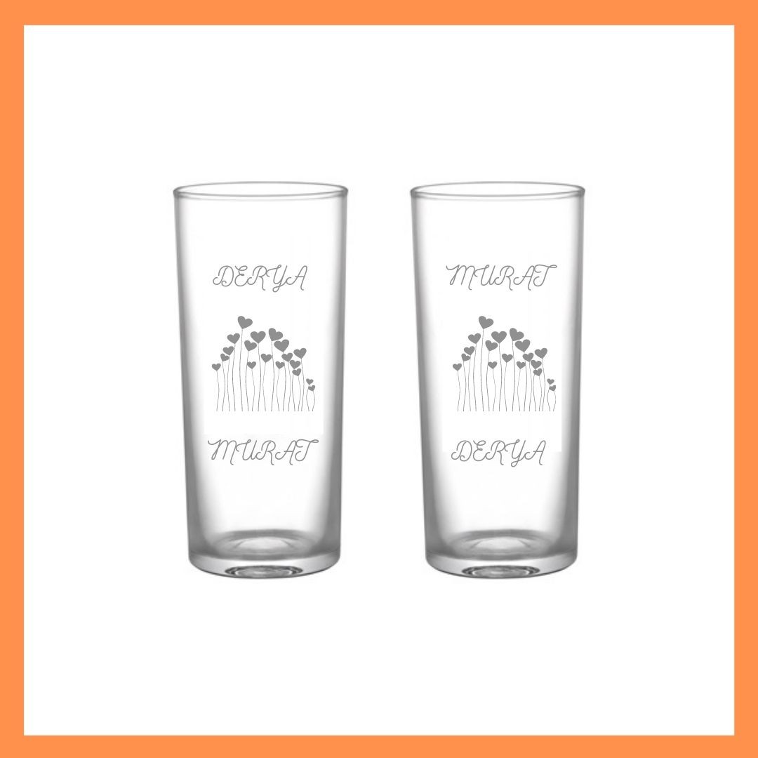 İkili Rakı Bardağı -Çiftlere Özel Tasarım - İsme Özel - Kalp Desenli - Hediye