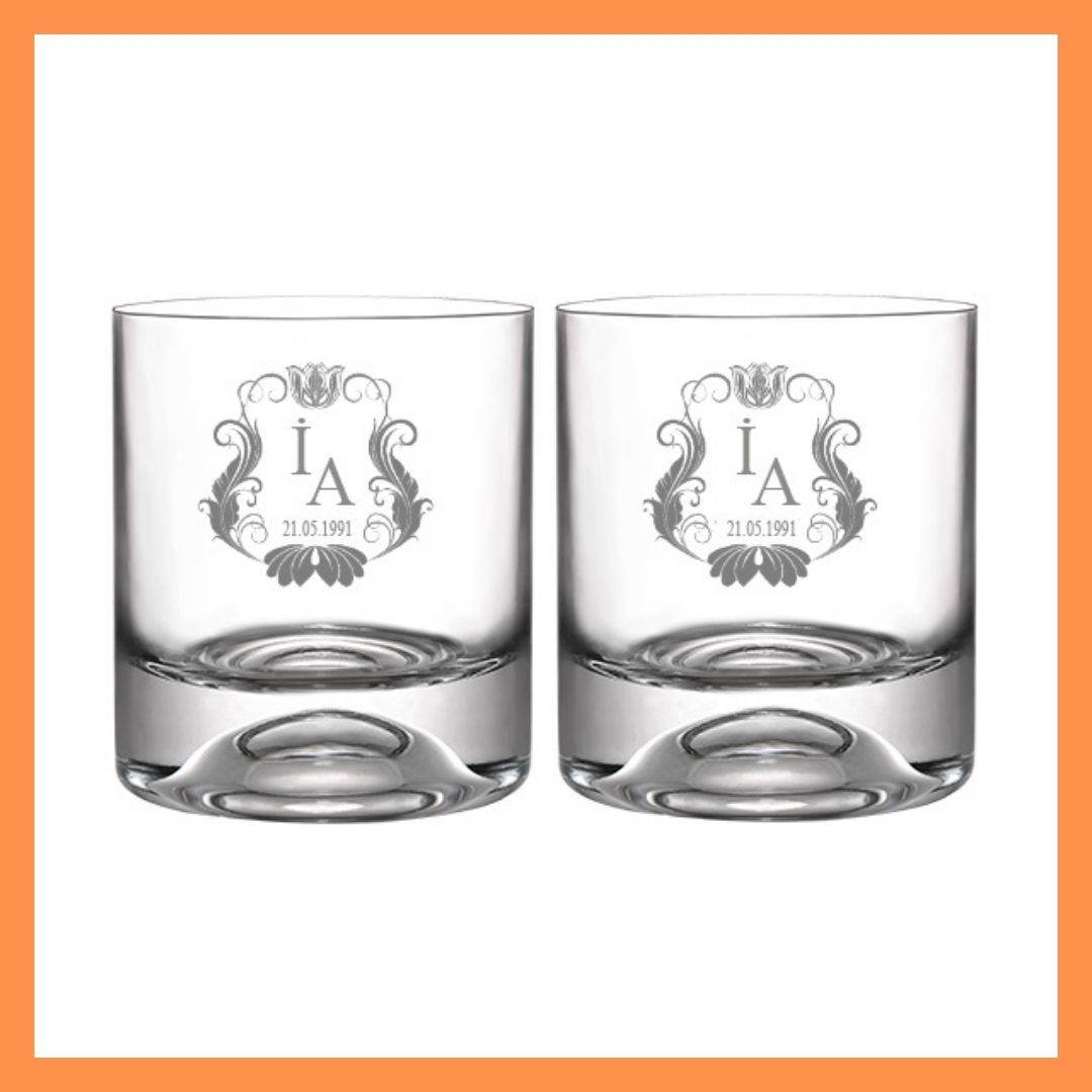 Double Whiskey Glass - Patterned - Custom Letter Design and Date