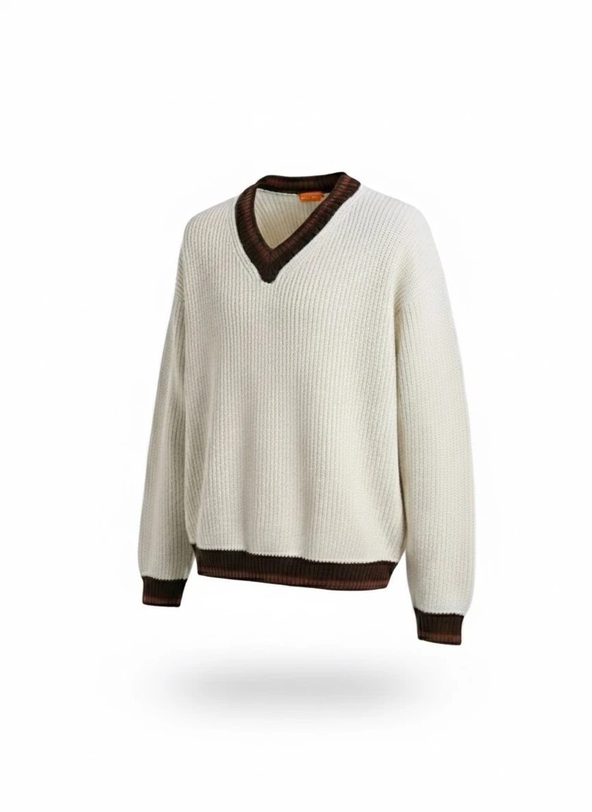 Geniş yaka örme kazak - Krem