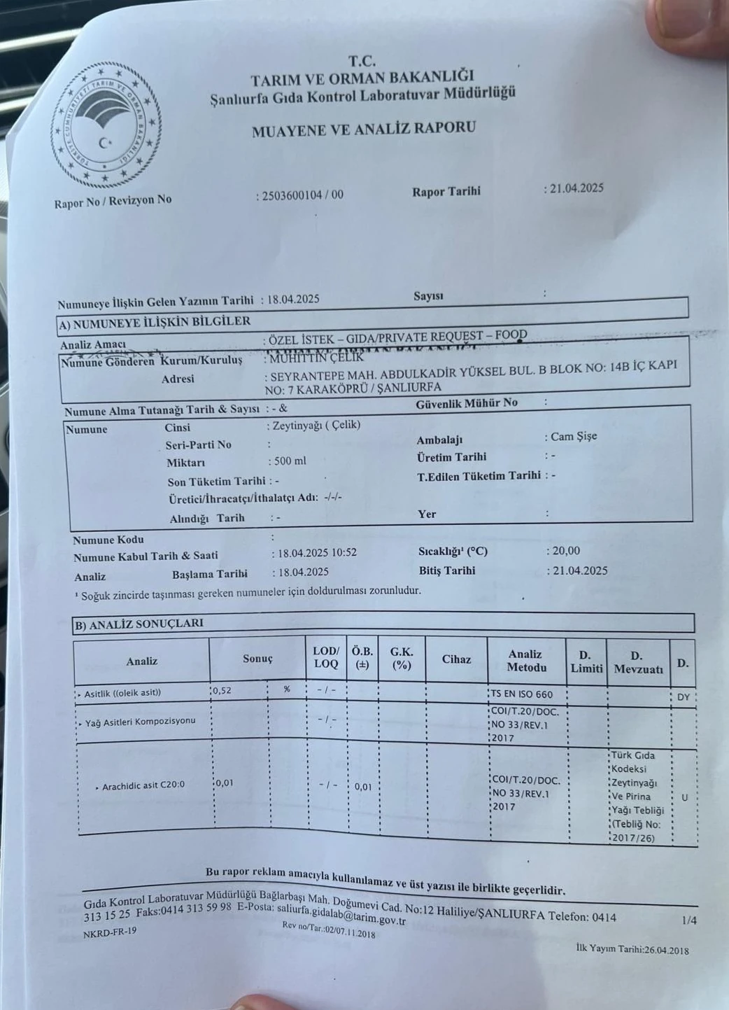 Soğuk Sıkım Sızma Zeytinyağı 0.5 Lt.