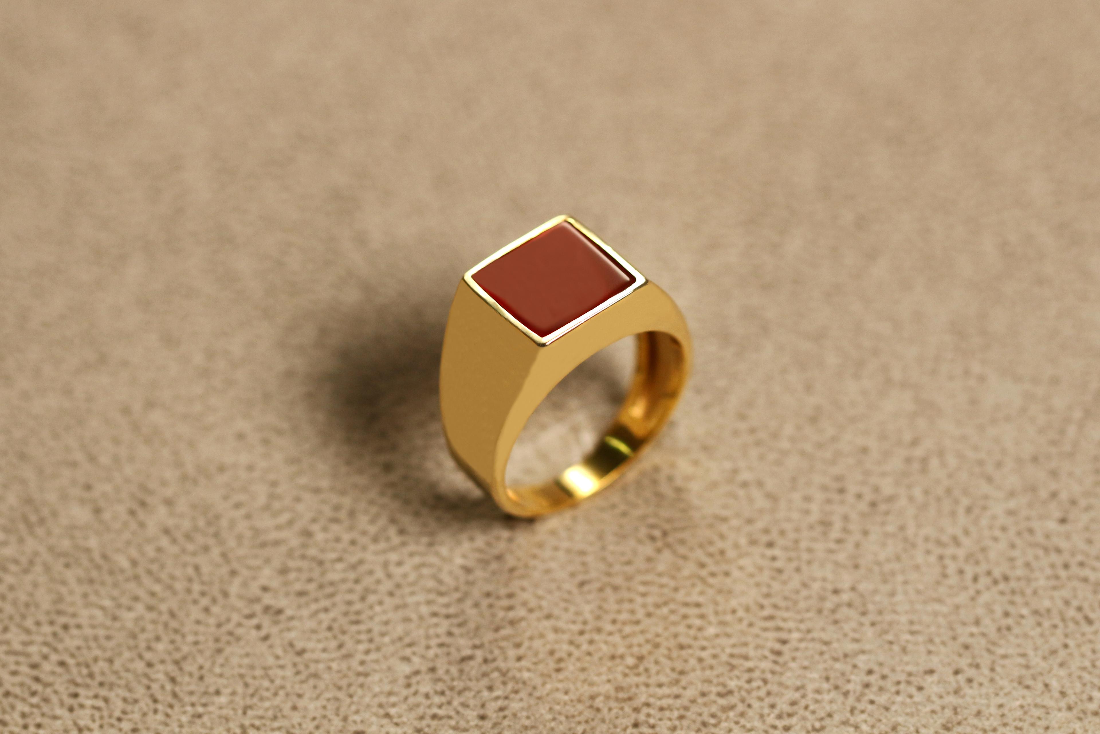 Square Gemstone Ring in Silver or Gold - Carnelian