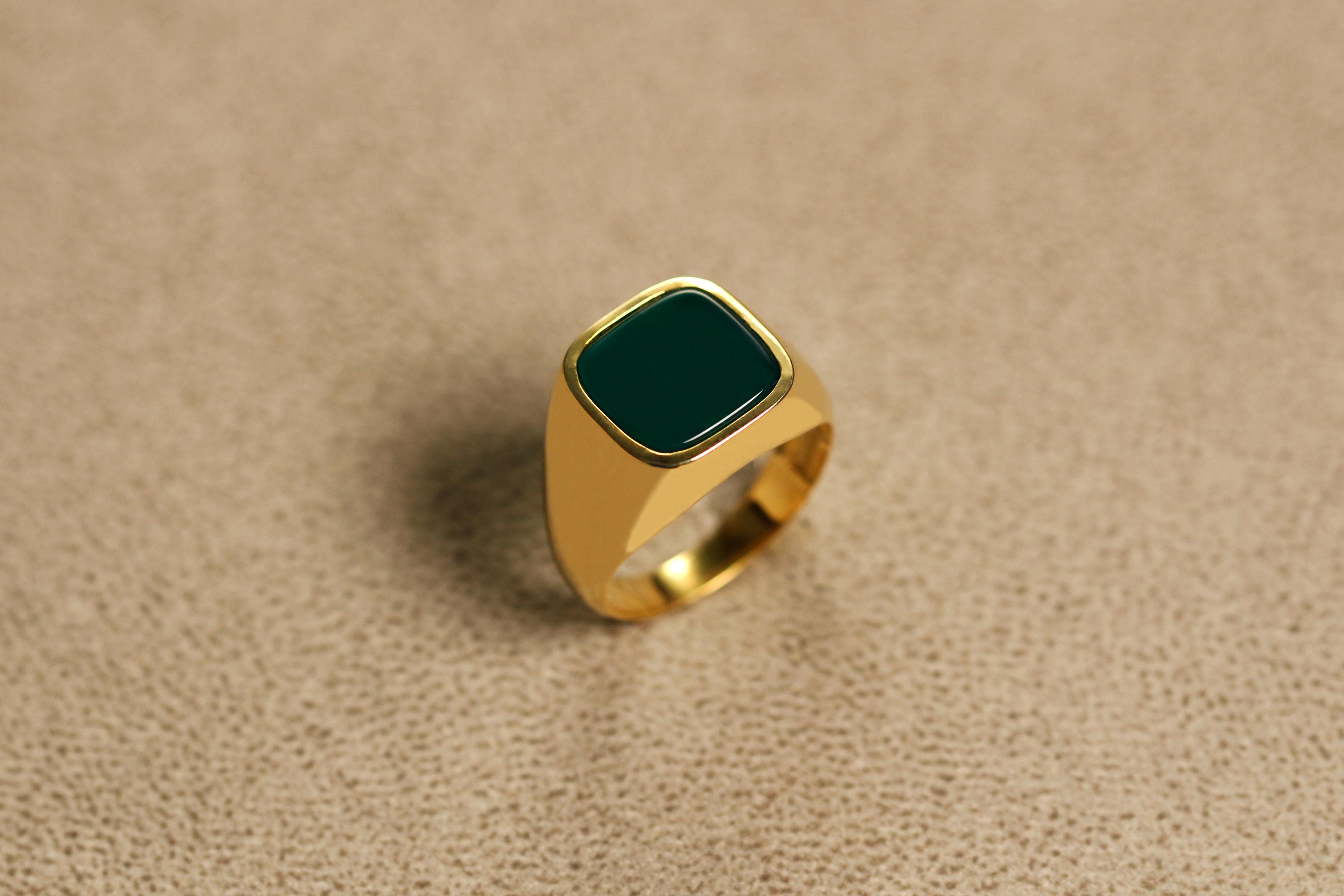 Cushion Gemstone Ring in Silver or Gold - Green Agate