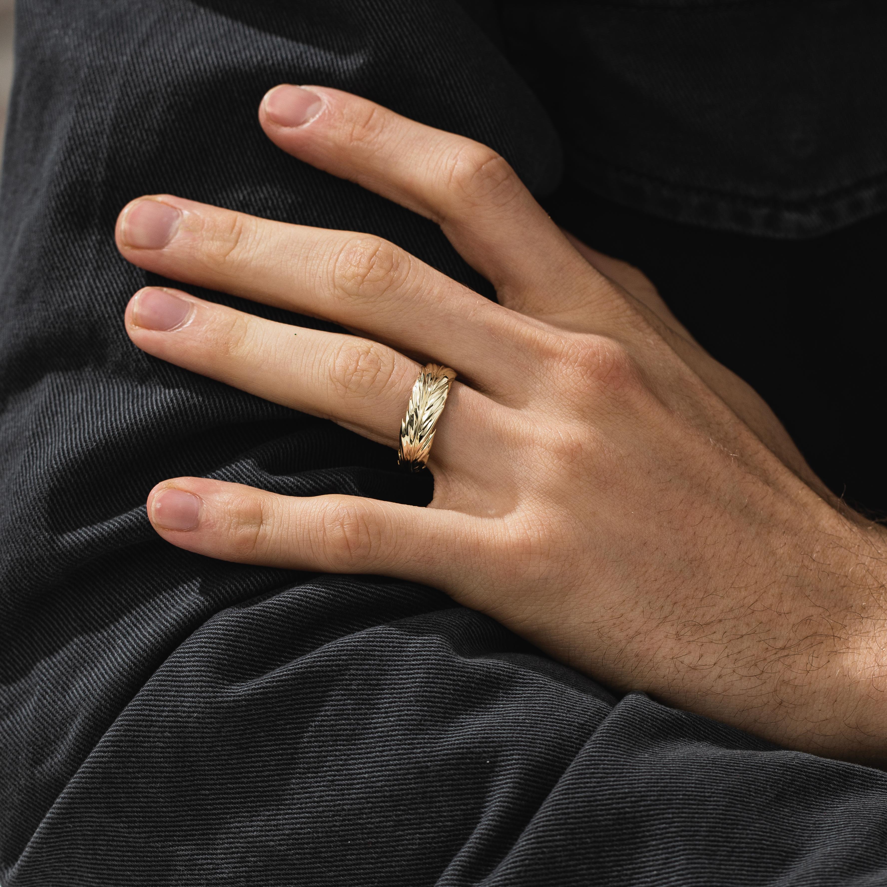 Feather Wedding Band Ring in Silver or Gold