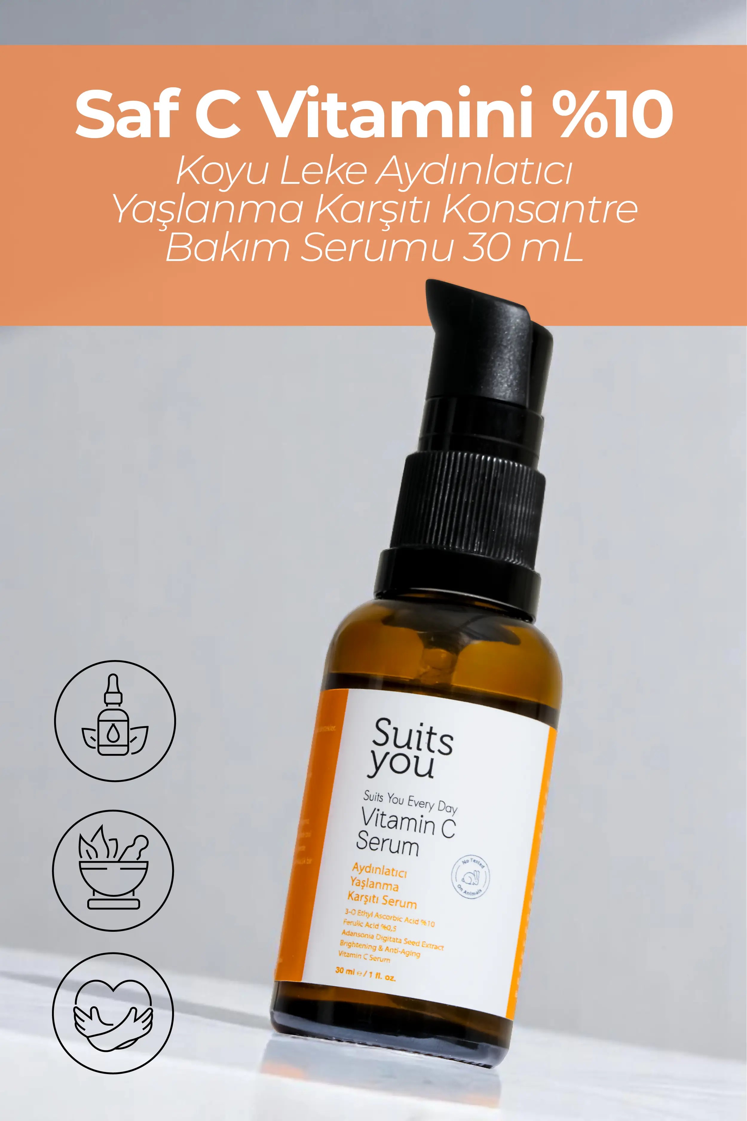 Saf C Vitamini %10 Koyu Leke Aydınlatıcı Yaşlanma Karşıtı Konsantre Bakım Serumu 30 mL