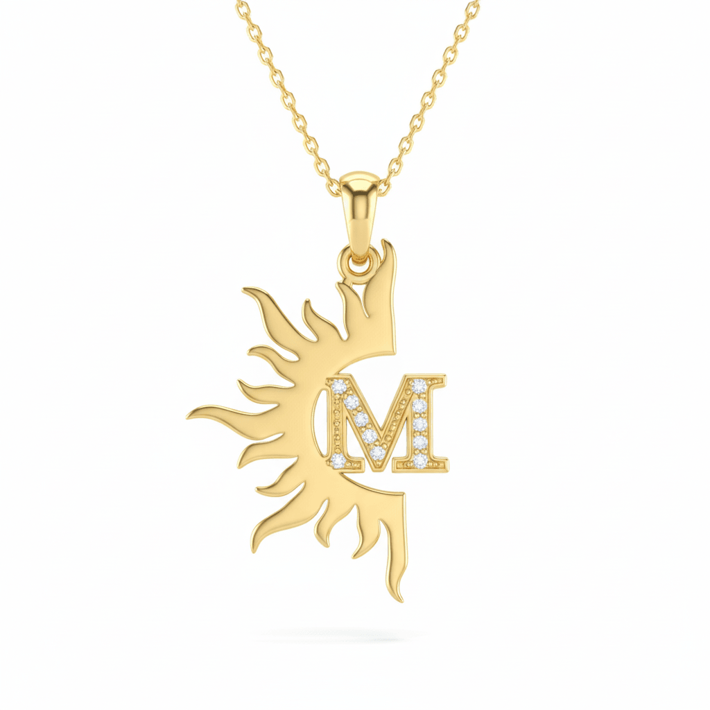 Güneş Figürlü Taşlı Harf  Tasarım Kolye