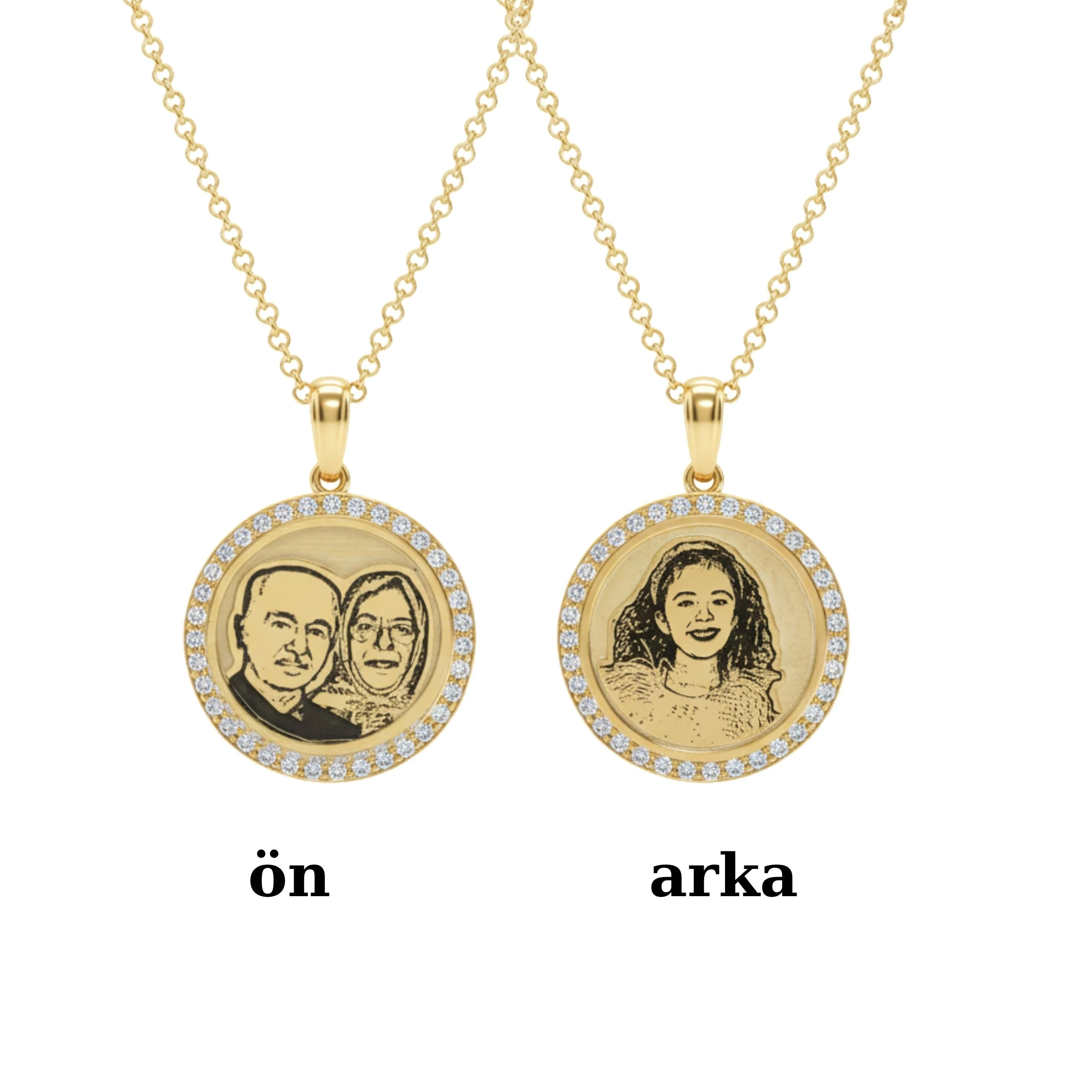 Çift Taraflı Taş Çerçeveli Portre Kolye