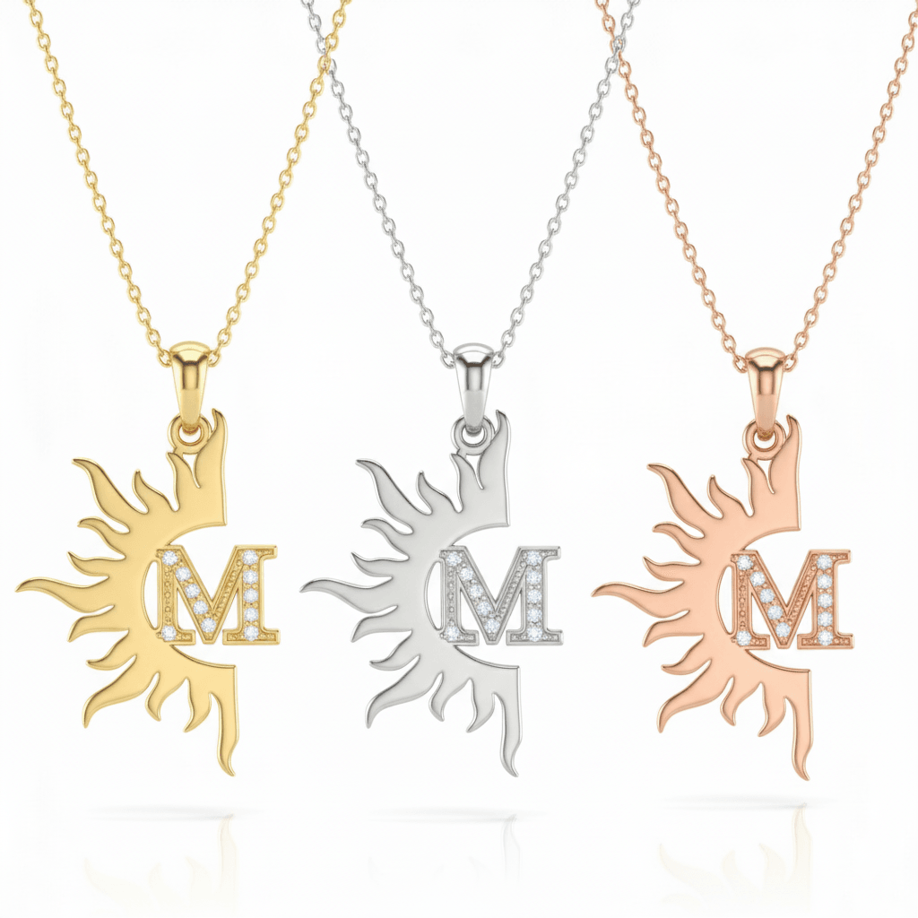 Güneş Figürlü Taşlı Harf  Tasarım Kolye