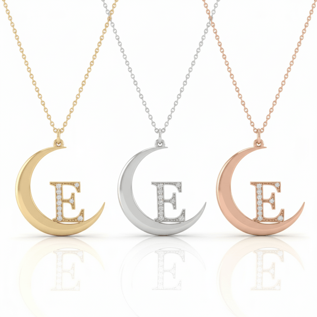 Ay Figürlü Taşlı Harf  Tasarım Kolye