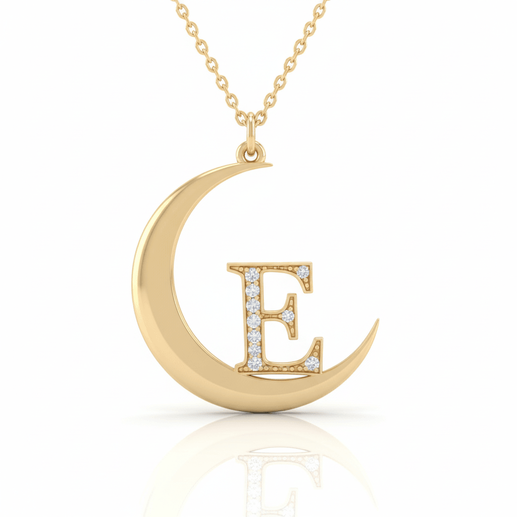 Ay Figürlü Taşlı Harf  Tasarım Kolye