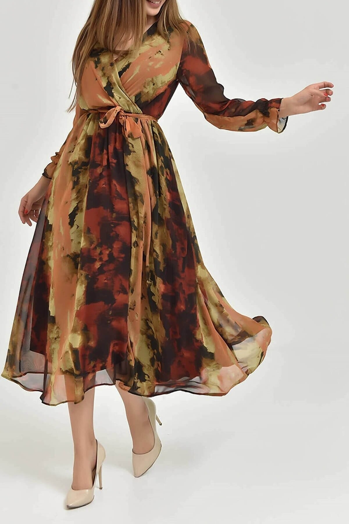 Kruvaze Yaka Şifon Desenli Elbise-Kahverengi