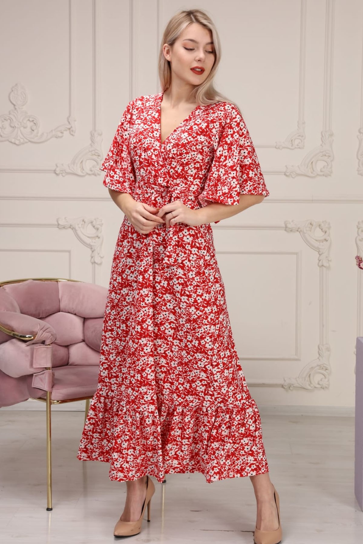 Valon etek krep elbise-Kırmızı Çiçek