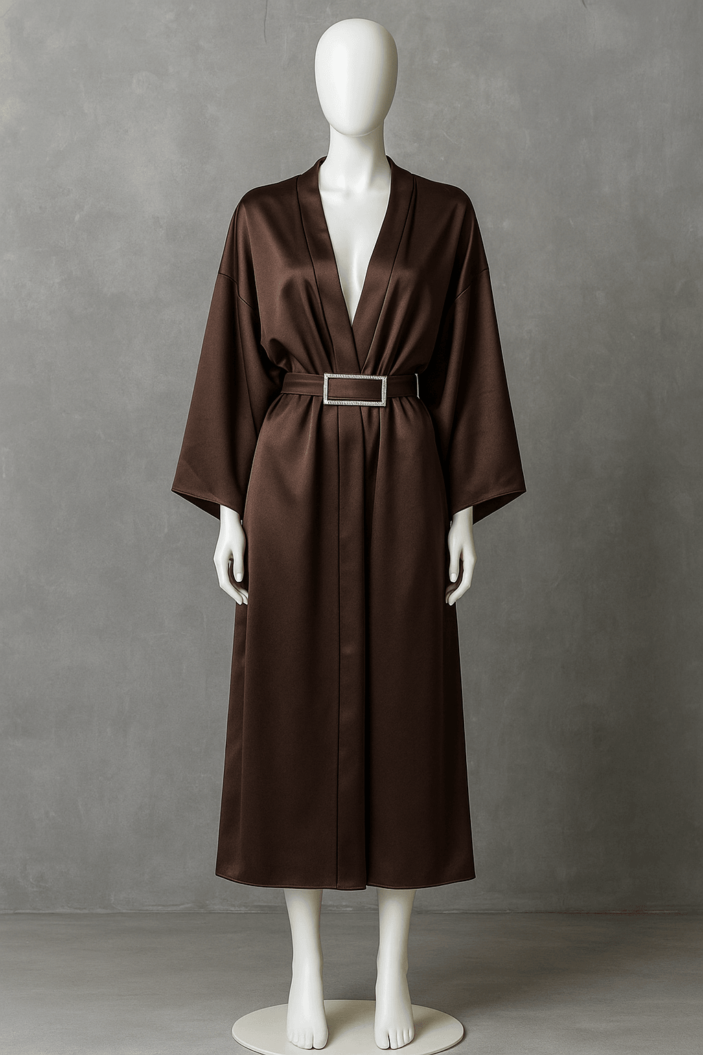 Kemer Detaylı Saten Kahve Kimono