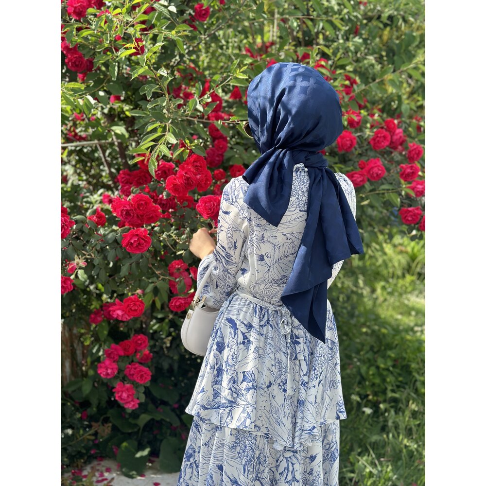 Lacivert Beyaz İpek Saten Elbise