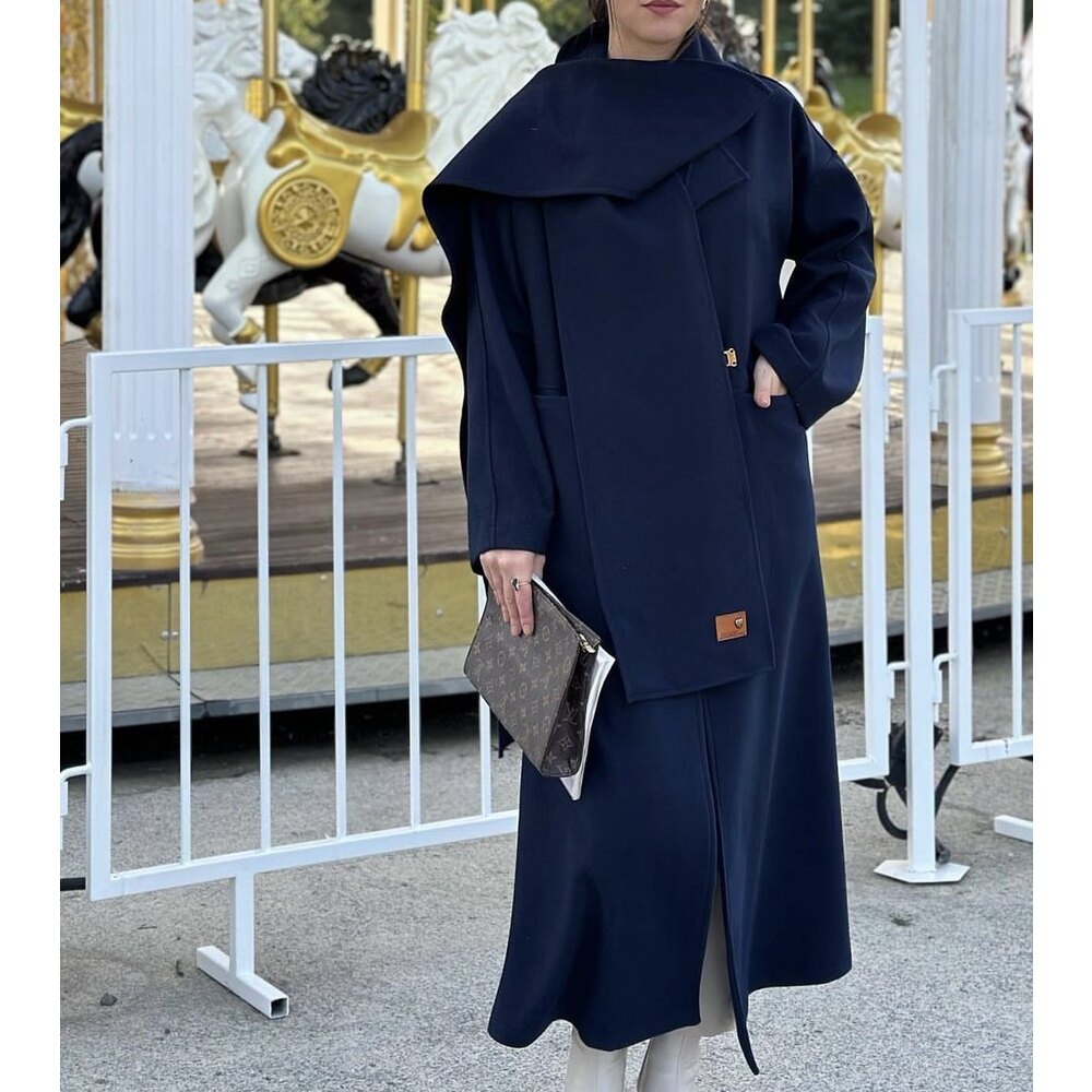 Lacivert Kaşe Kaban Atkılı 