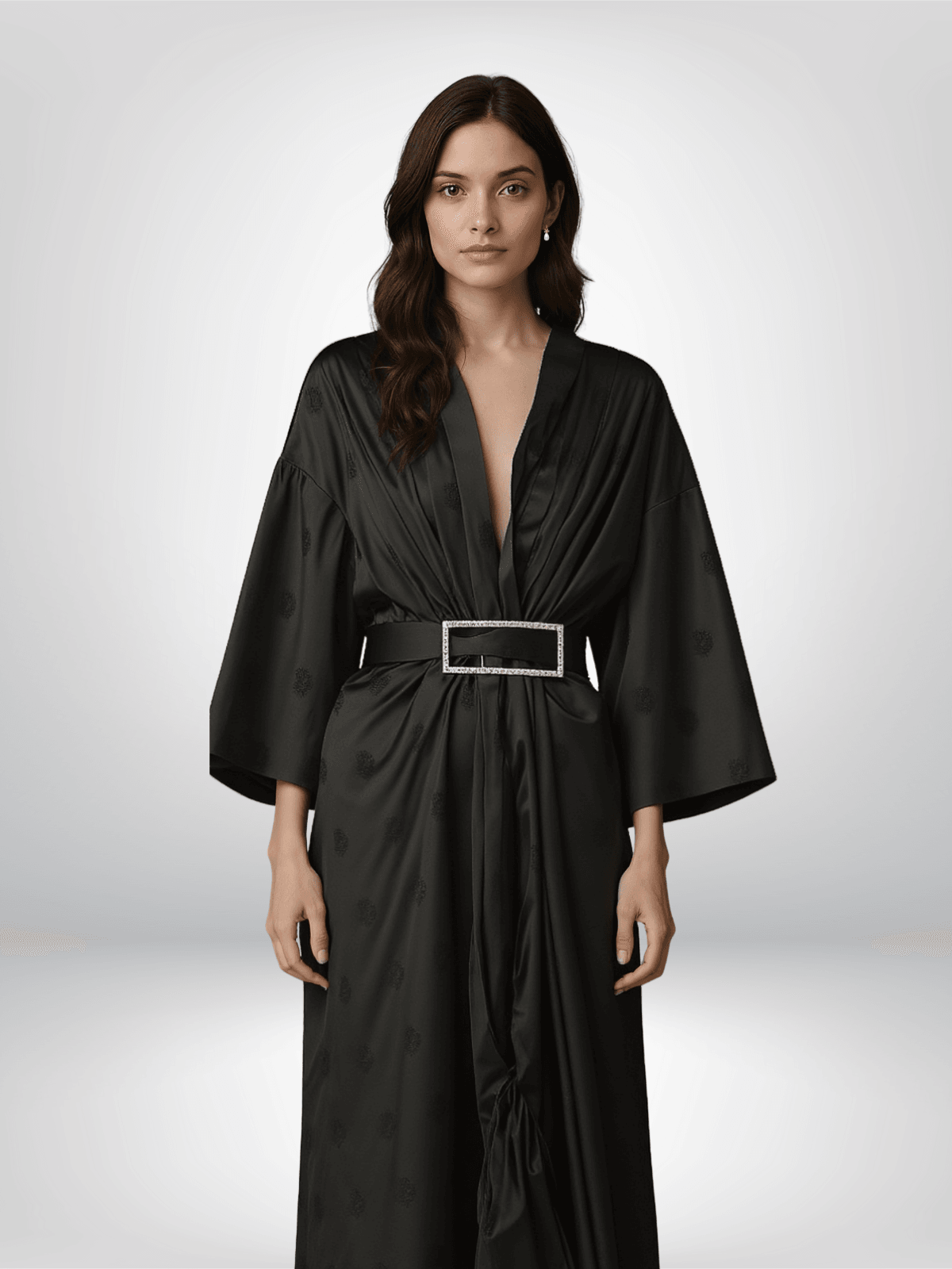 Kemer Detaylı Siyah Saten Kimono