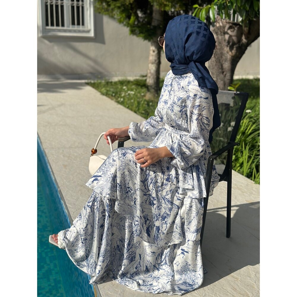 Lacivert Beyaz İpek Saten Elbise