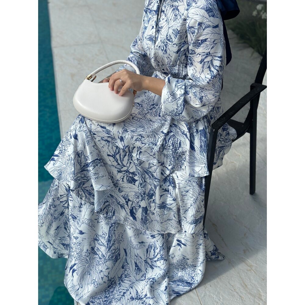 Lacivert Beyaz İpek Saten Elbise