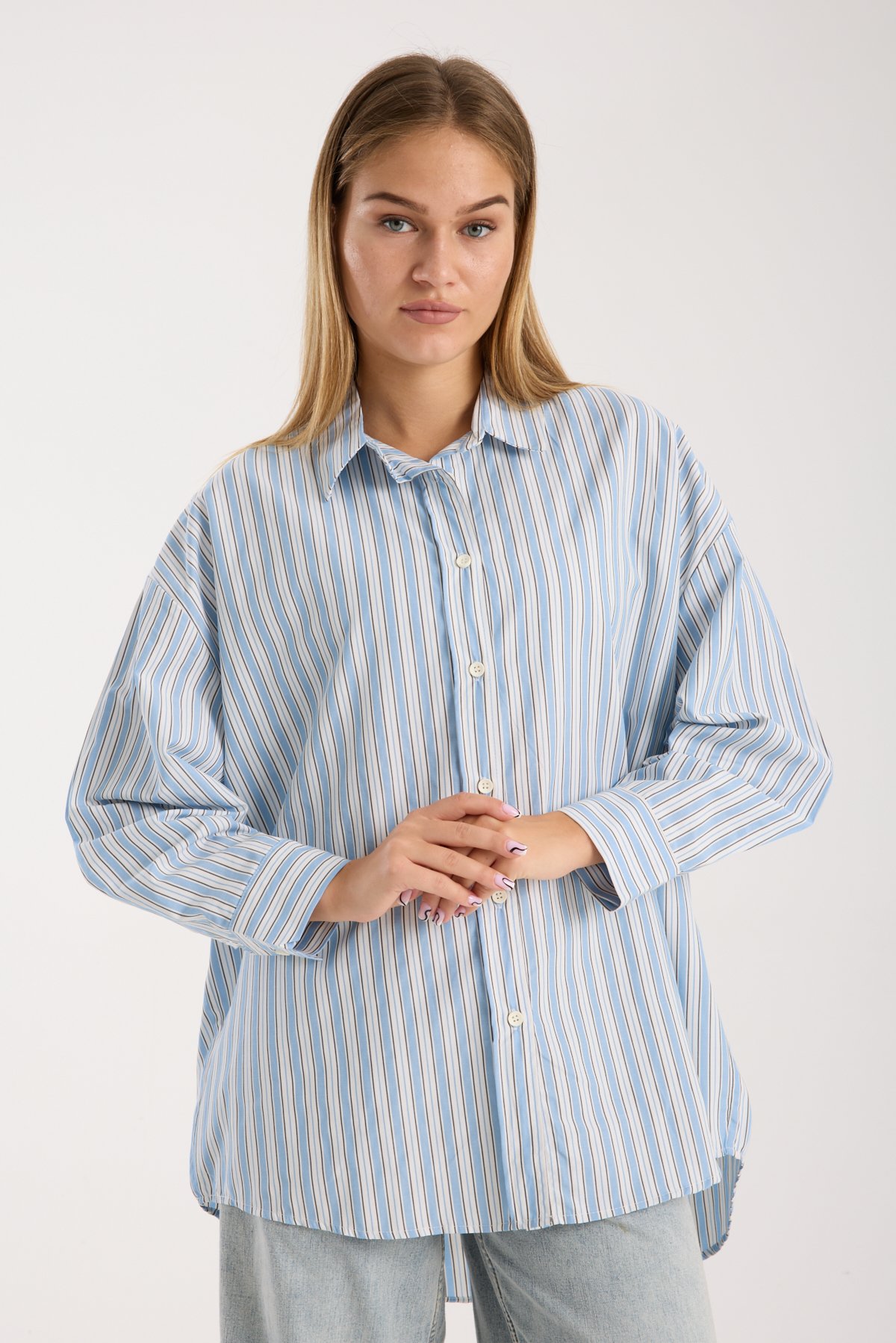 Çizgili Salaş Oversize Gömlek - Mavi