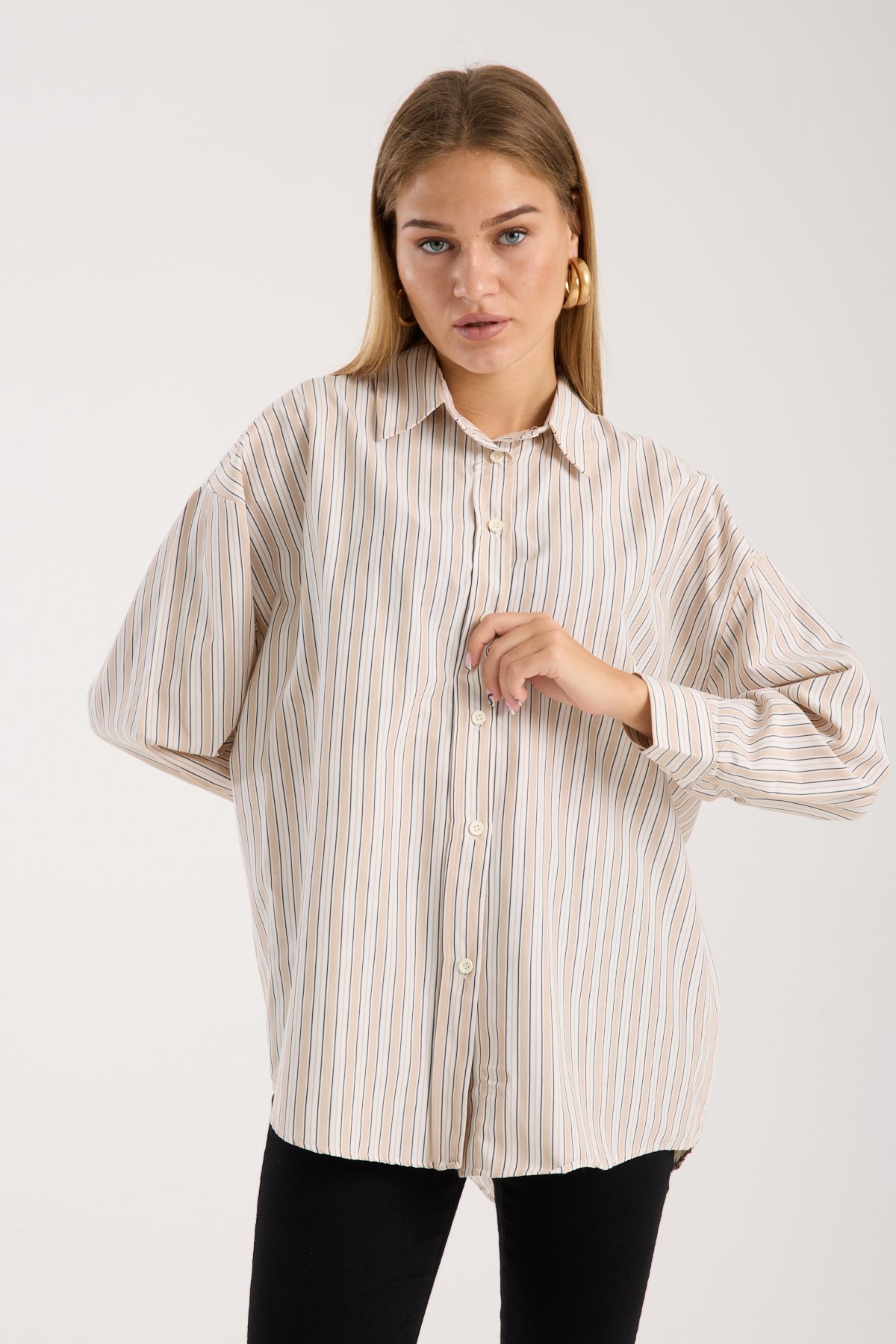 Çizgili Salaş Oversize Gömlek - Bej