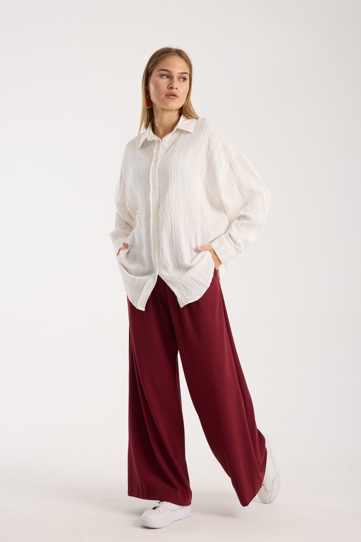 Çizgili Salaş Oversize Gömlek - Vizon