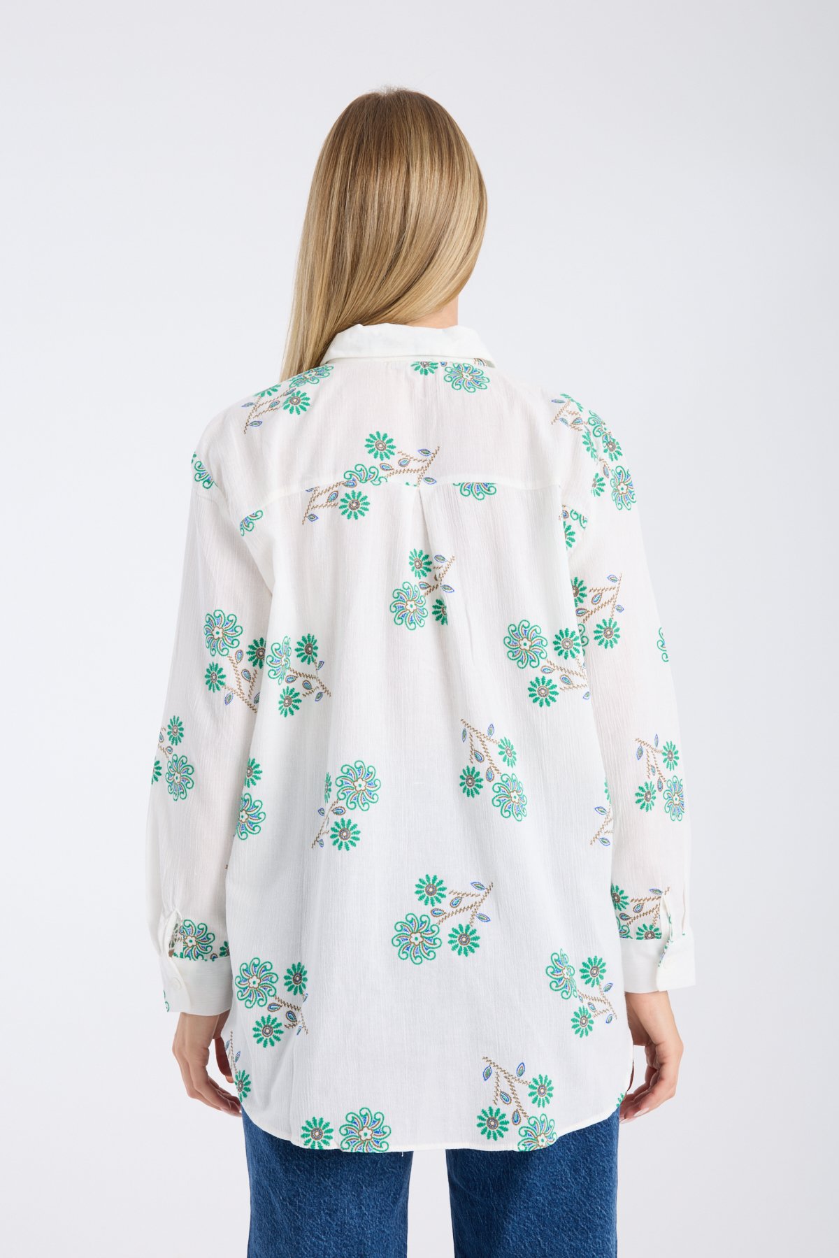 Çiçek Nakışlı Kumaş Oversize Salaş Gömlek