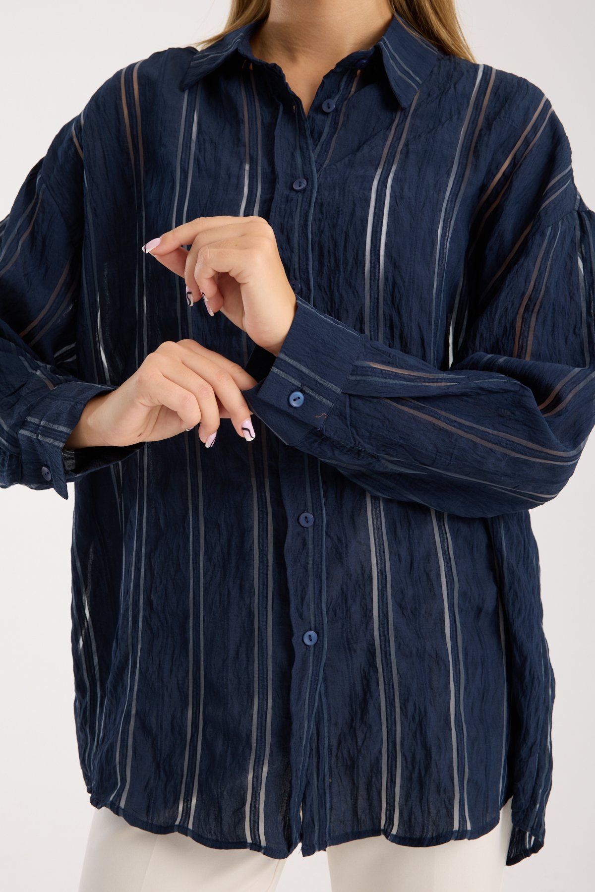 Fileli Çizgili Oversize Salaş Gömlek
