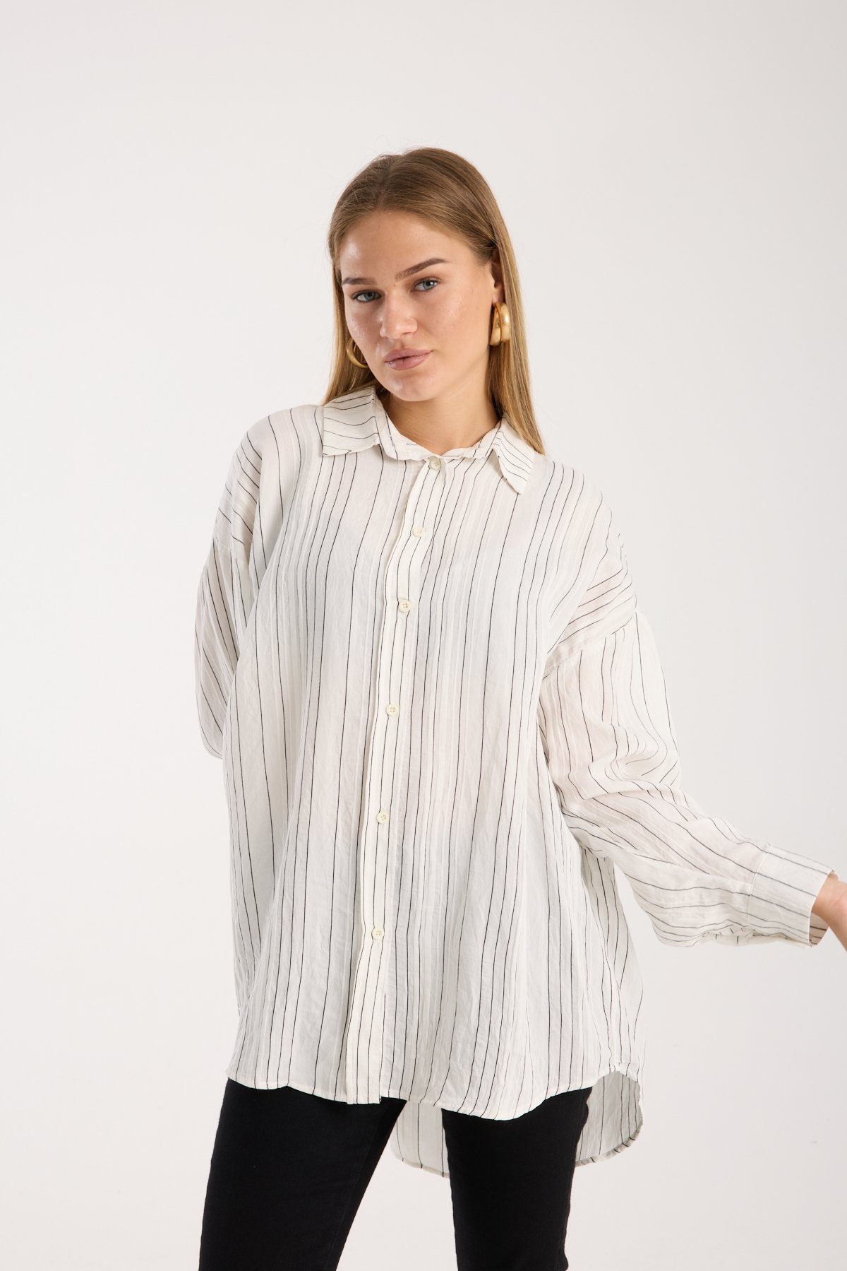 Çizgili Salaş Oversize Gömlek - Siyah
