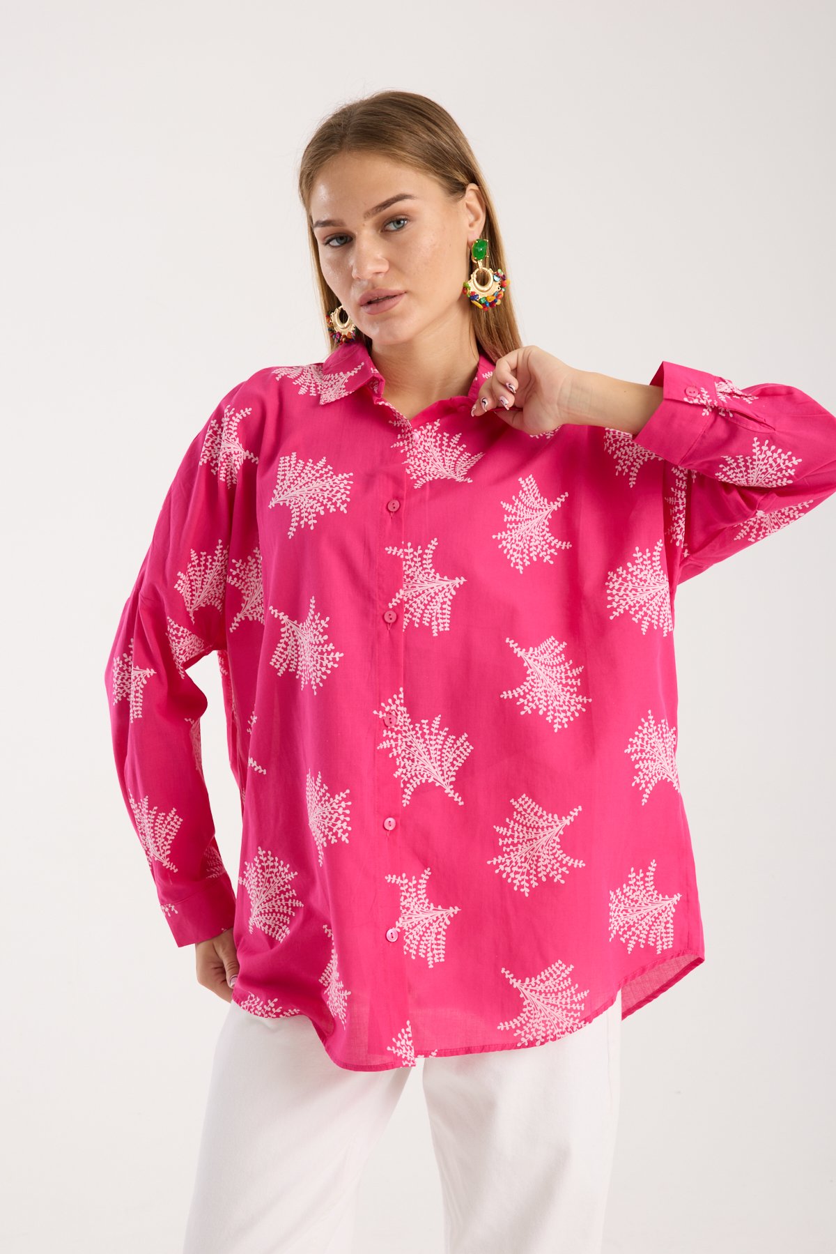 Desenli Baskılı Vual Salaş Oversize Gömlek - Pembe