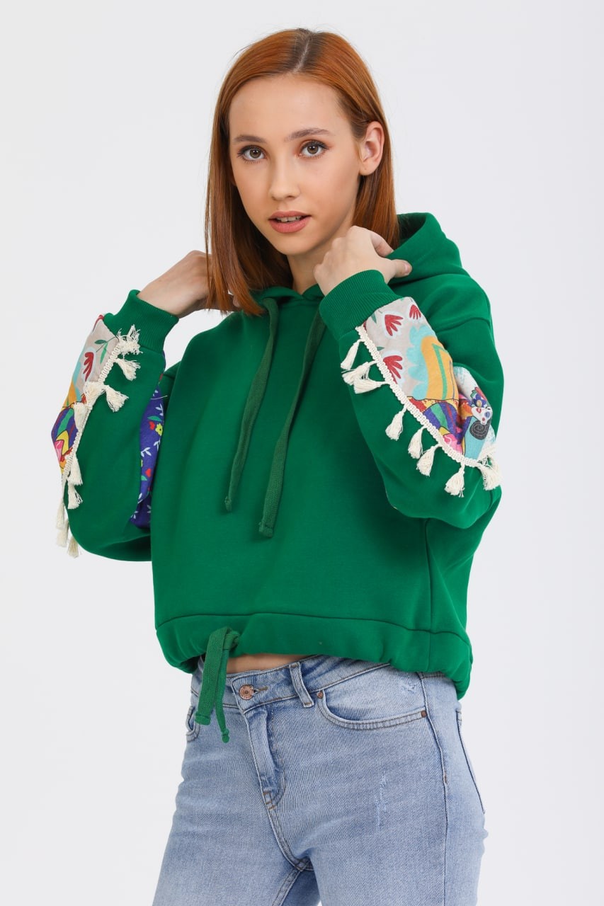 Baskılı Püsküllü Kol Üç İplik Sweatshirt - Yeşil