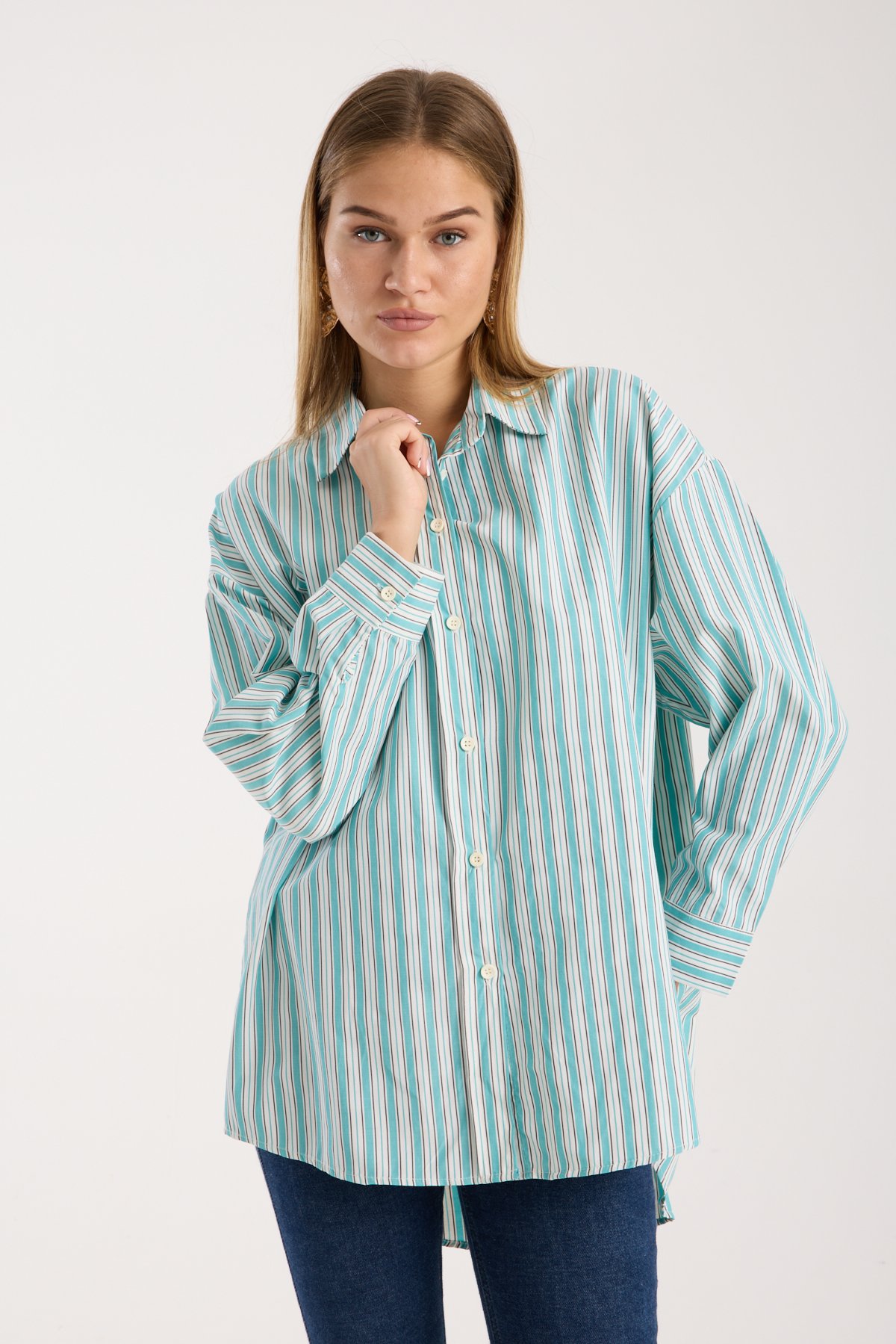 Çizgili Salaş Oversize Gömlek - Mint