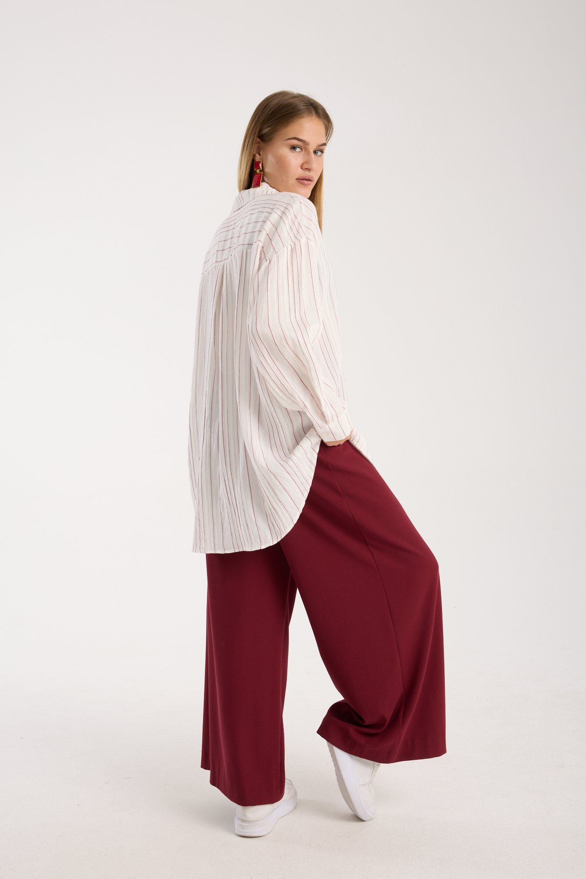 Çizgili Salaş Oversize Gömlek - Bordo