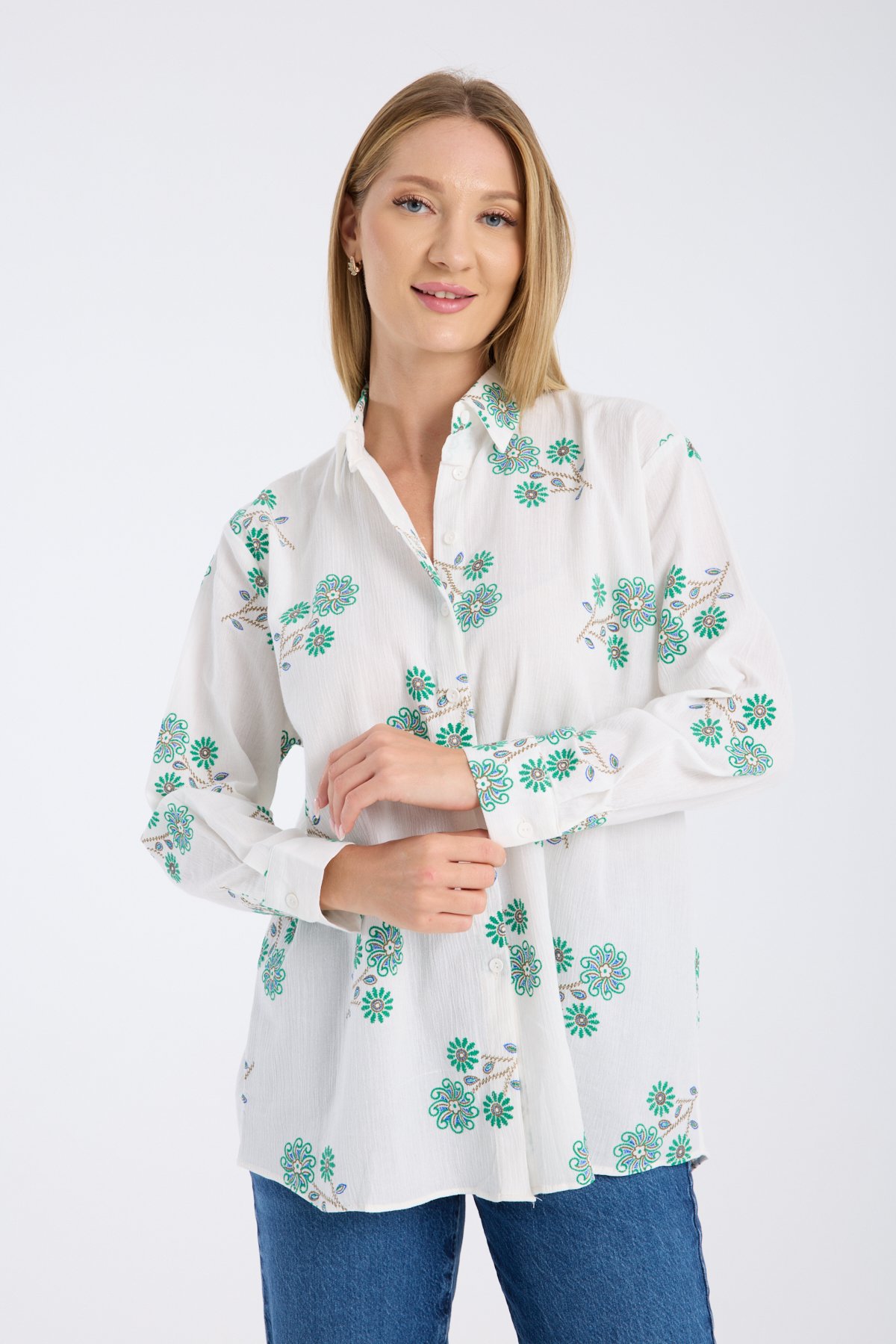 Çiçek Nakışlı Kumaş Oversize Salaş Gömlek - Yeşil