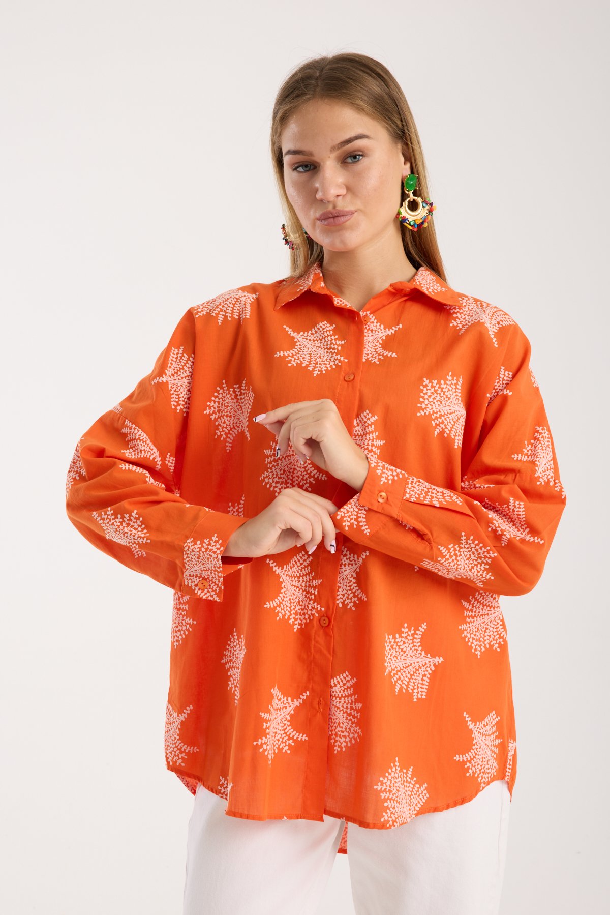 Desenli Baskılı Vual Salaş Oversize Gömlek - Oranj
