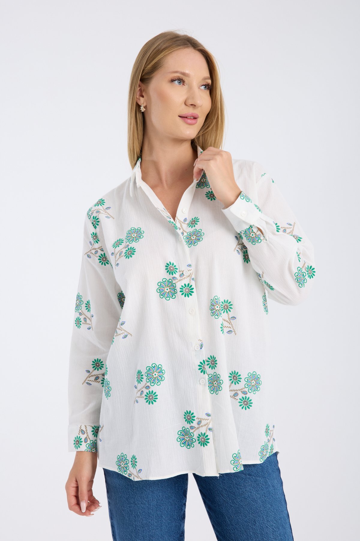 Çiçek Nakışlı Kumaş Oversize Salaş Gömlek
