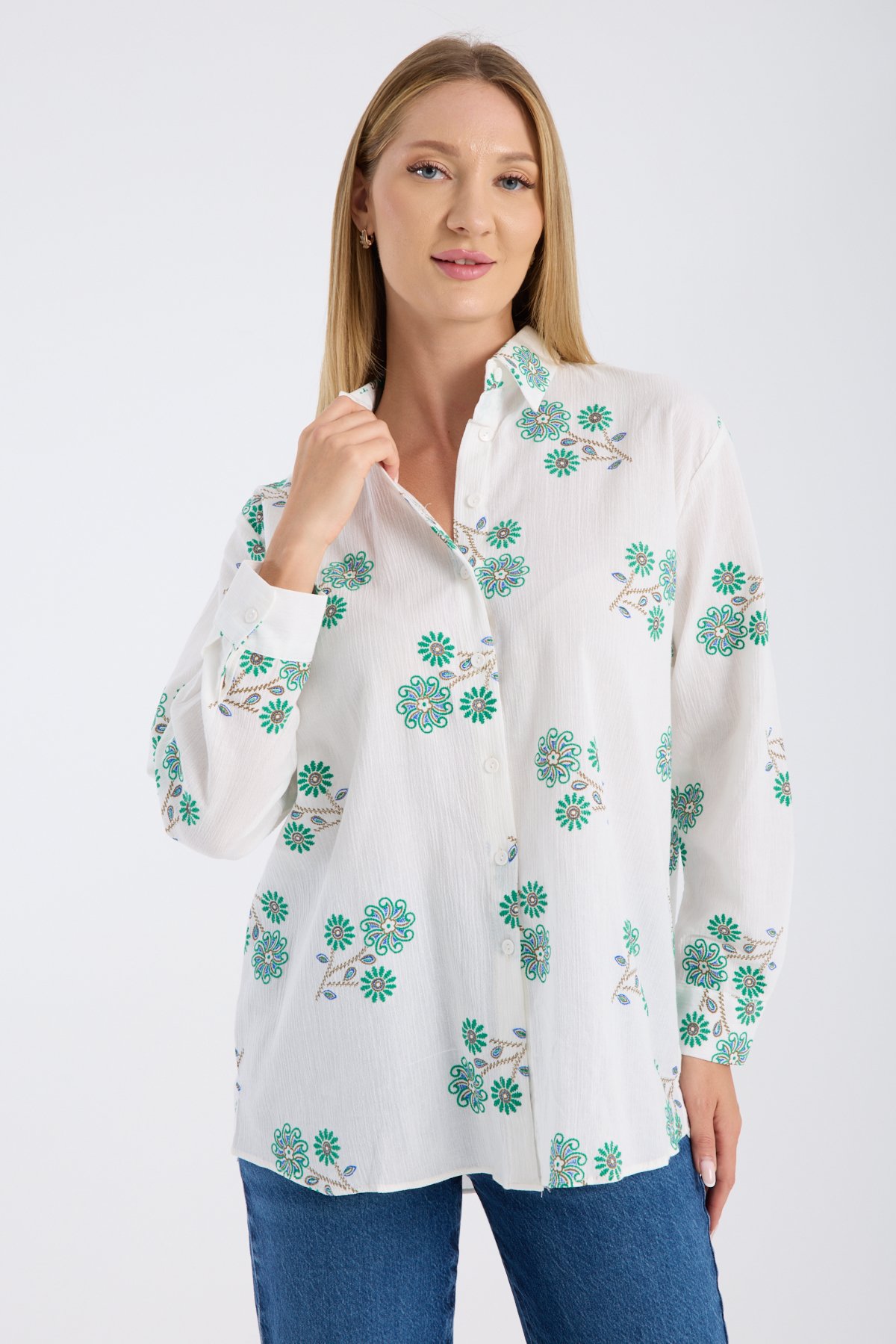 Çiçek Nakışlı Kumaş Oversize Salaş Gömlek