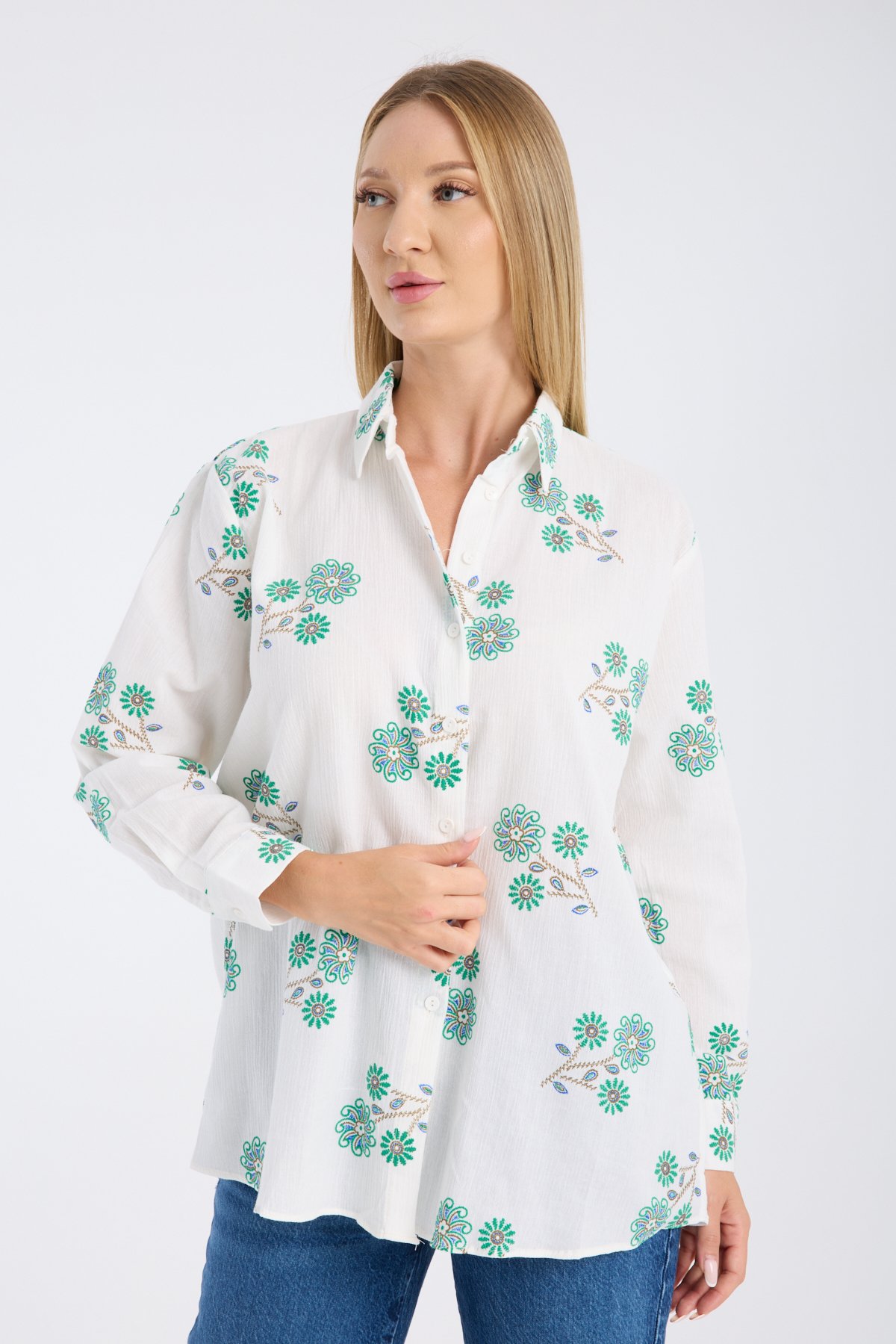 Çiçek Nakışlı Kumaş Oversize Salaş Gömlek