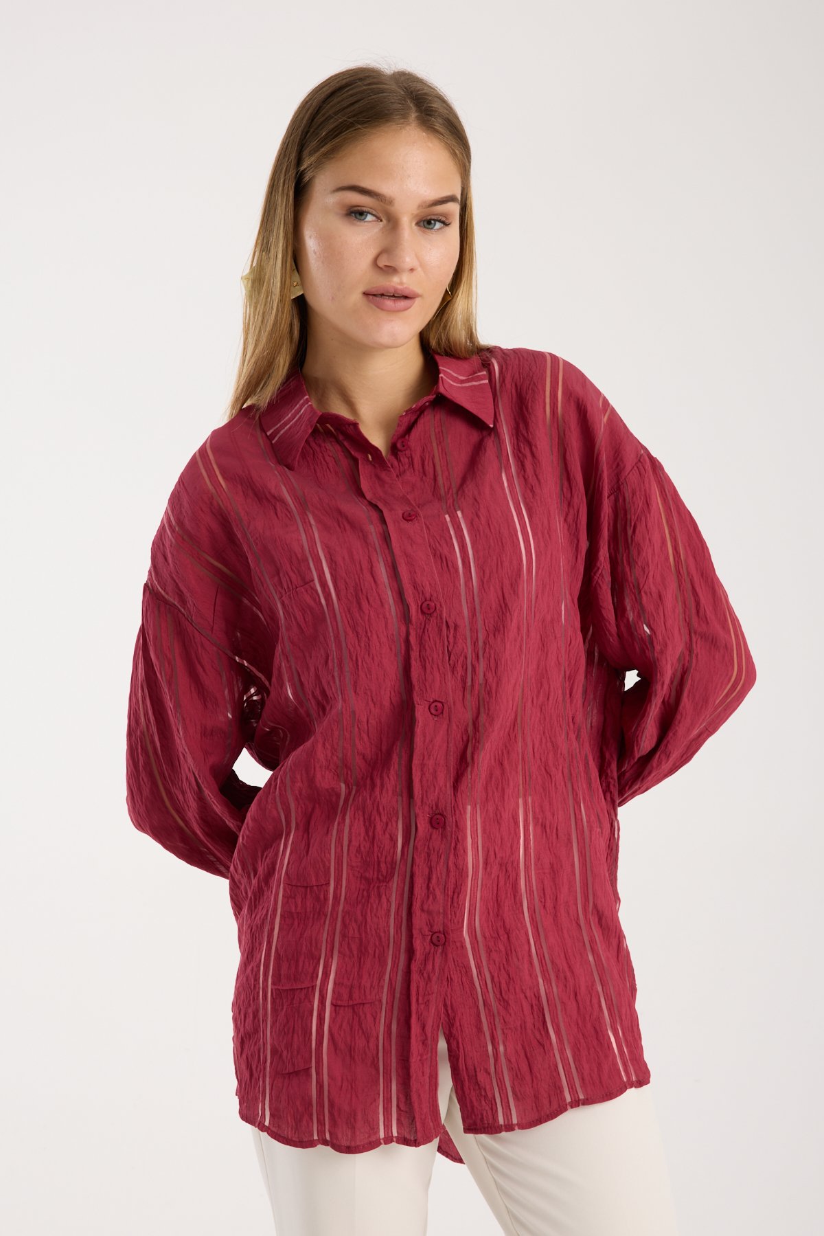 Fileli Çizgili Oversize Salaş Gömlek - Bordo