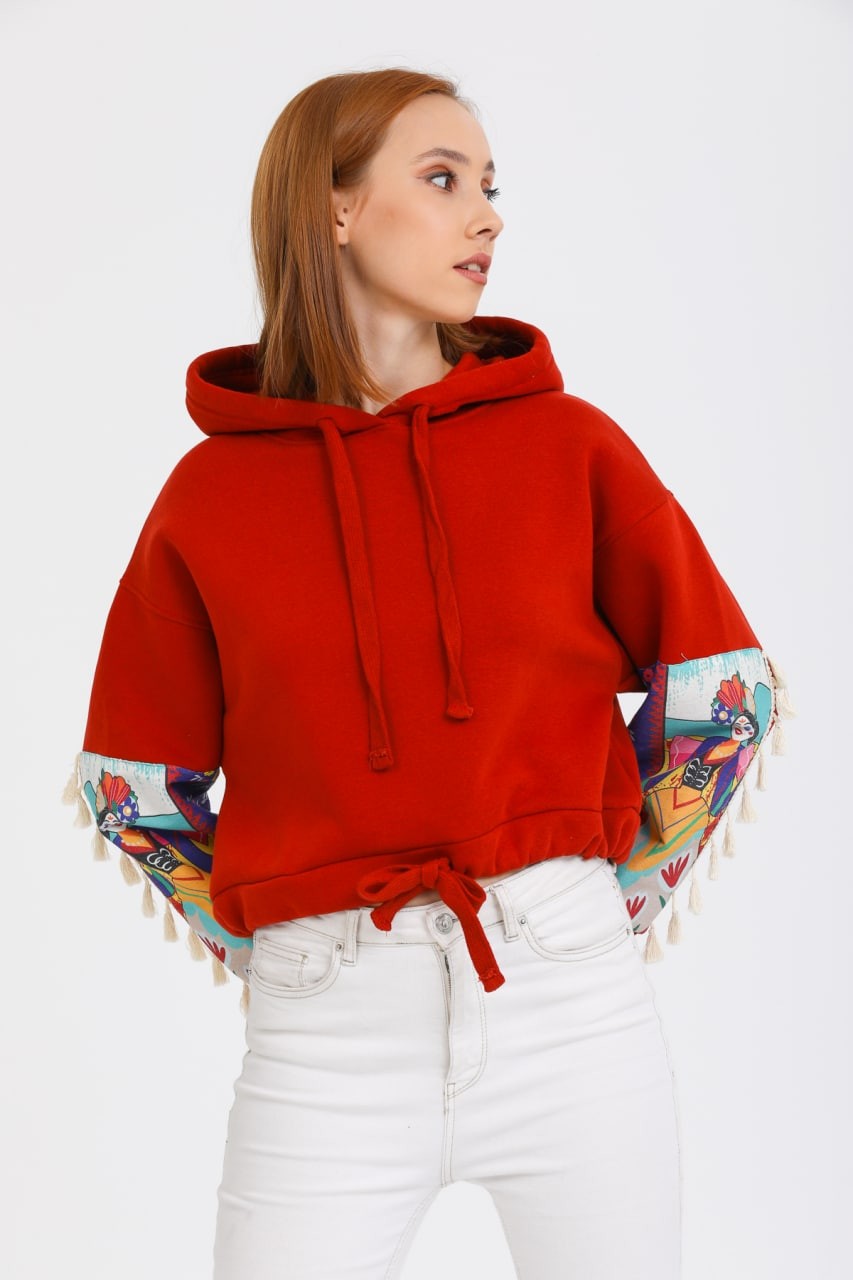 Baskılı Püsküllü Kol Üç İplik Sweatshirt - Kiremit