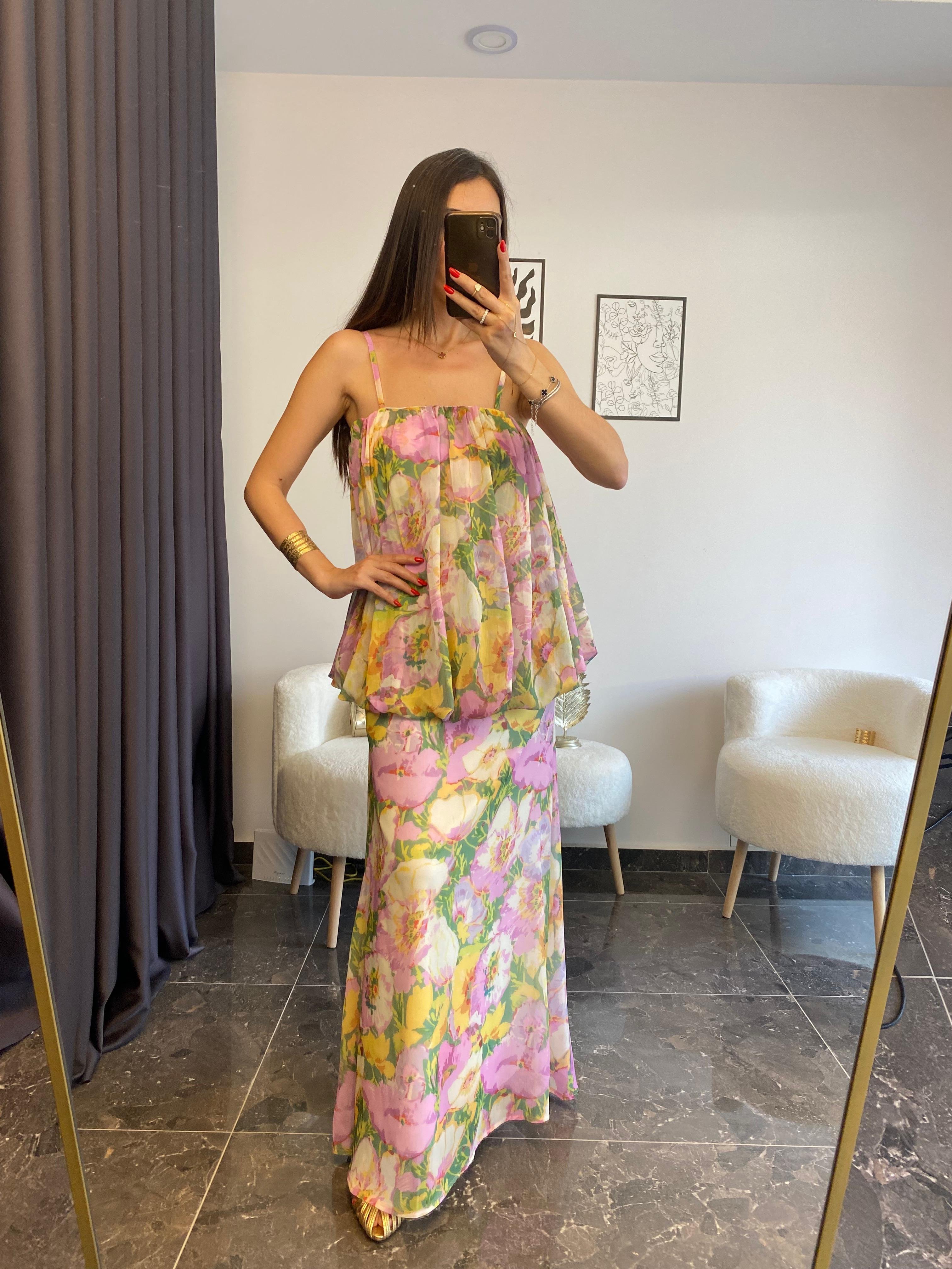 Çiçek Desenli Askılı Şifon Pembe Elbise