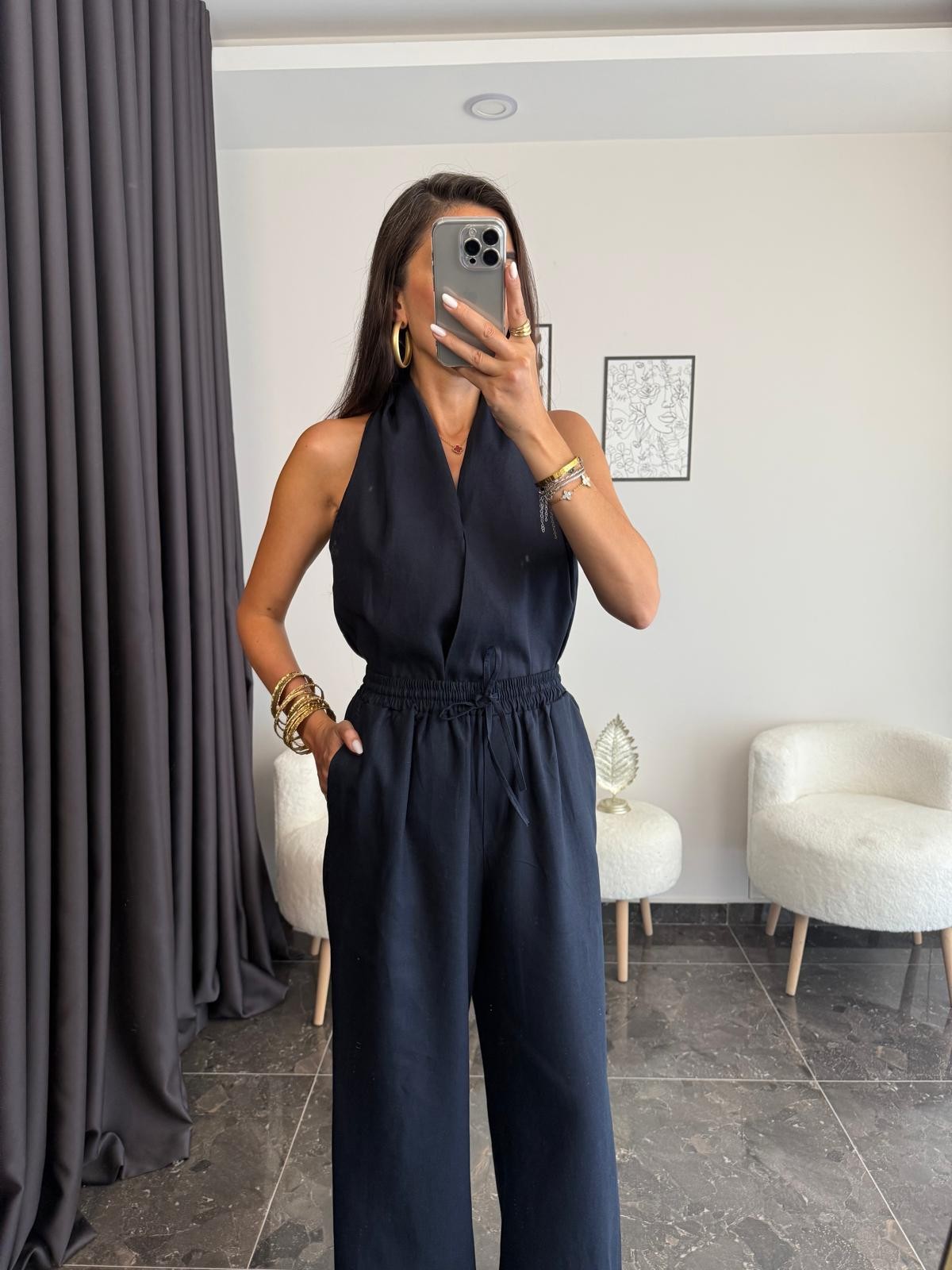 Lacivert Keten Pantolon Bluz Takım