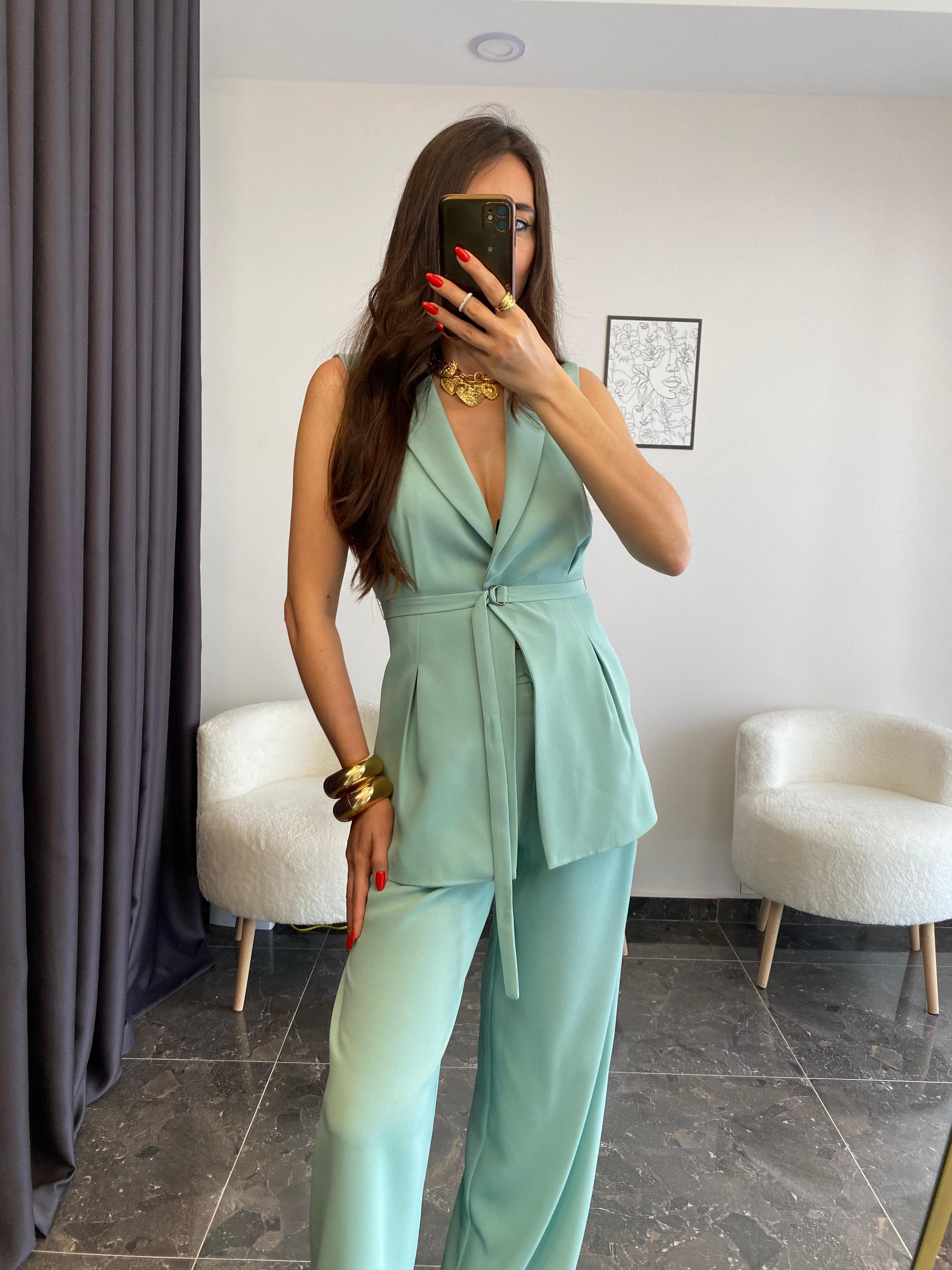 Premium Kalite Mint Yelek Pantolon Takımı