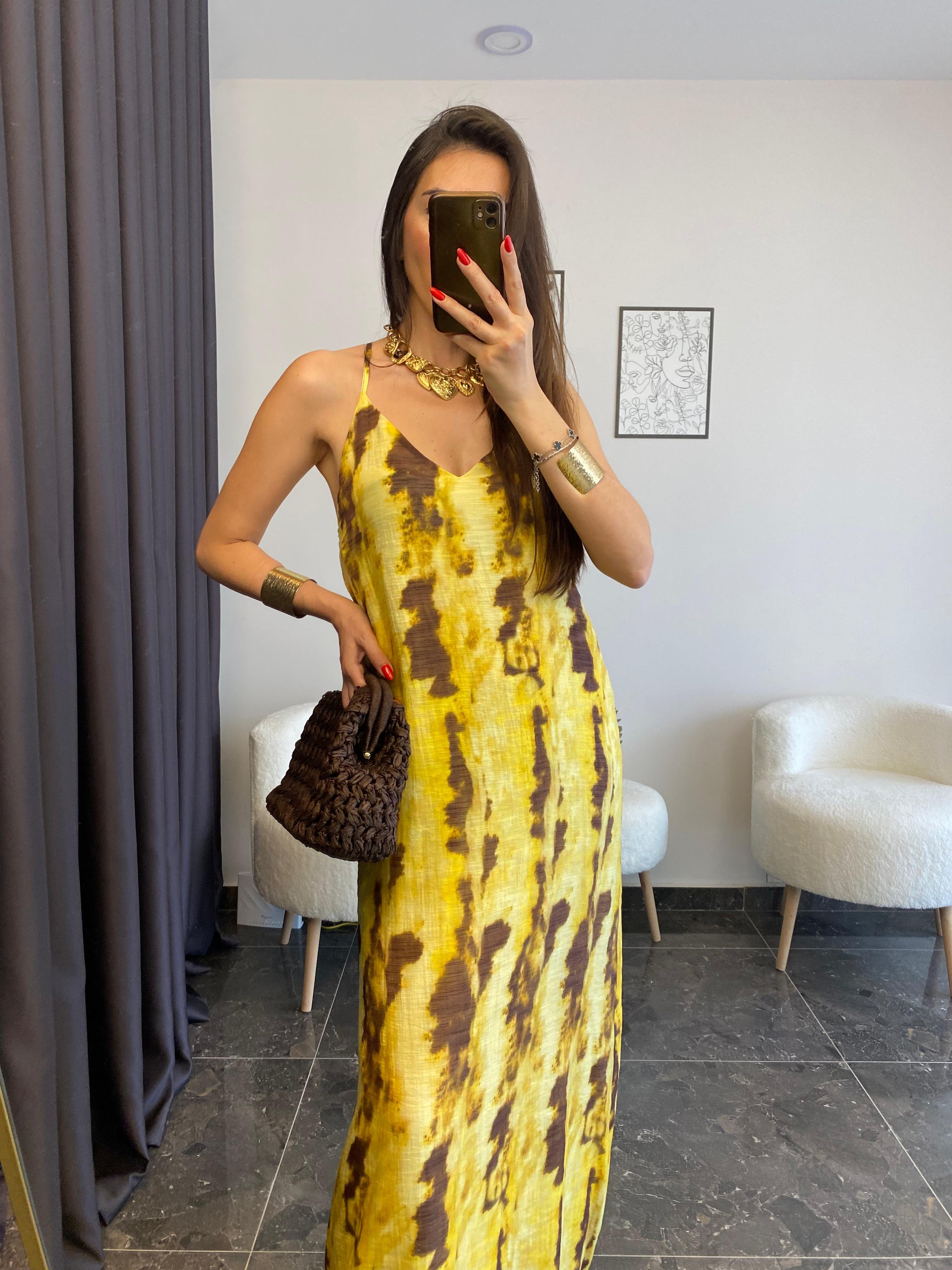 Sarı Kahve Batik Desenli Sırtı Çapraz Elbise